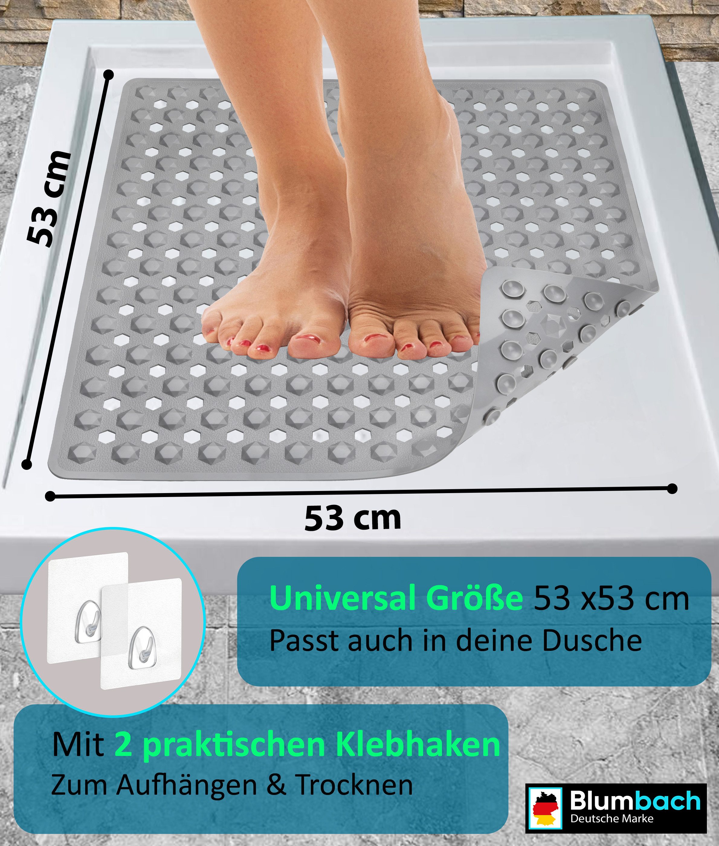 Blumbach Duschmatte - griffige Antirutschmatte Diamant 53 x 53 cm, - 100% BPA-frei, inkl. 2 Haken zum Aufhängen, Duscheinlage, schimmelressisten & maschinenwasc – Bild 3 von 5