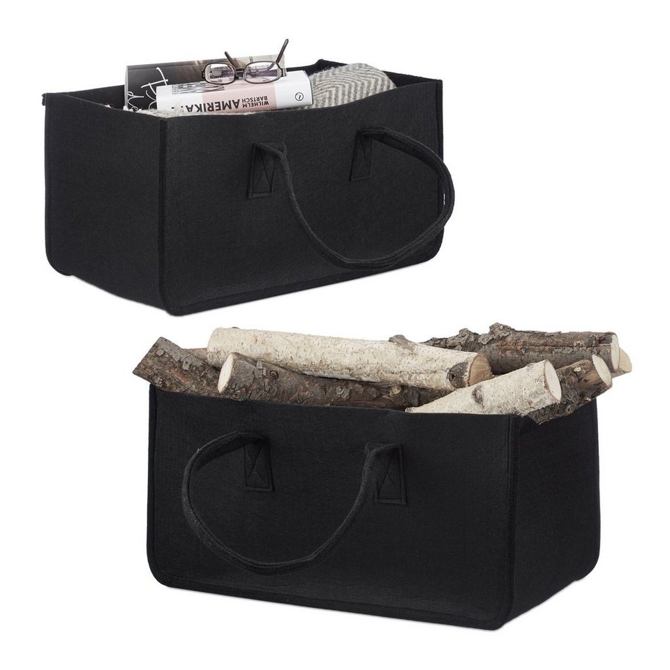 relaxdays Holztragetasche 2 x Kaminholztasche aus Filz schwarz