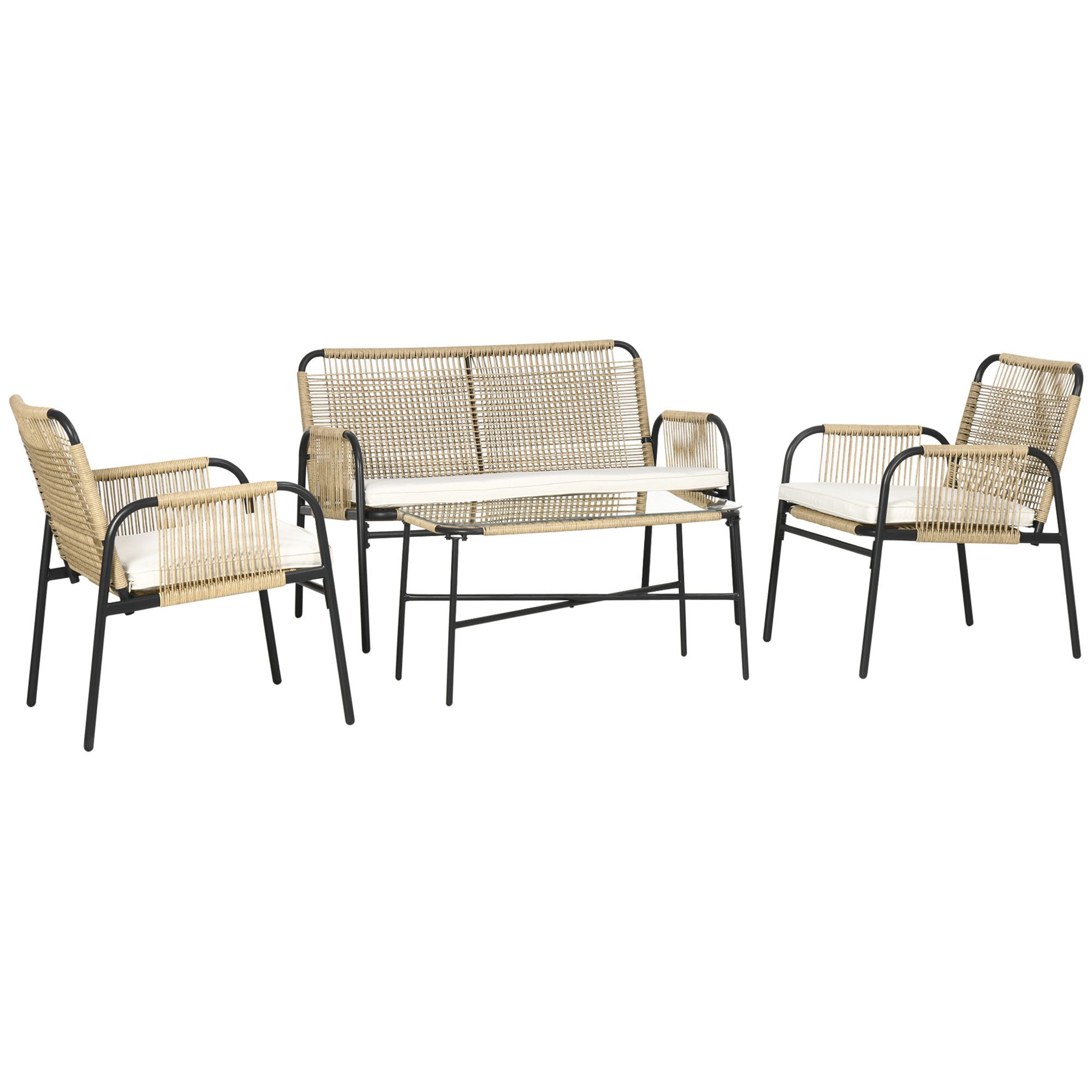 Outsunny Sitzgruppe mit 1 Zwisitzer, 2 Sesseln, 1 Couchtisch mit Tischplatte aus Glas, (Sitzgarnitur, 4-tlg., Gartengarnitur), mit Sitzkissen, für Garten, Terrasse, Gelb