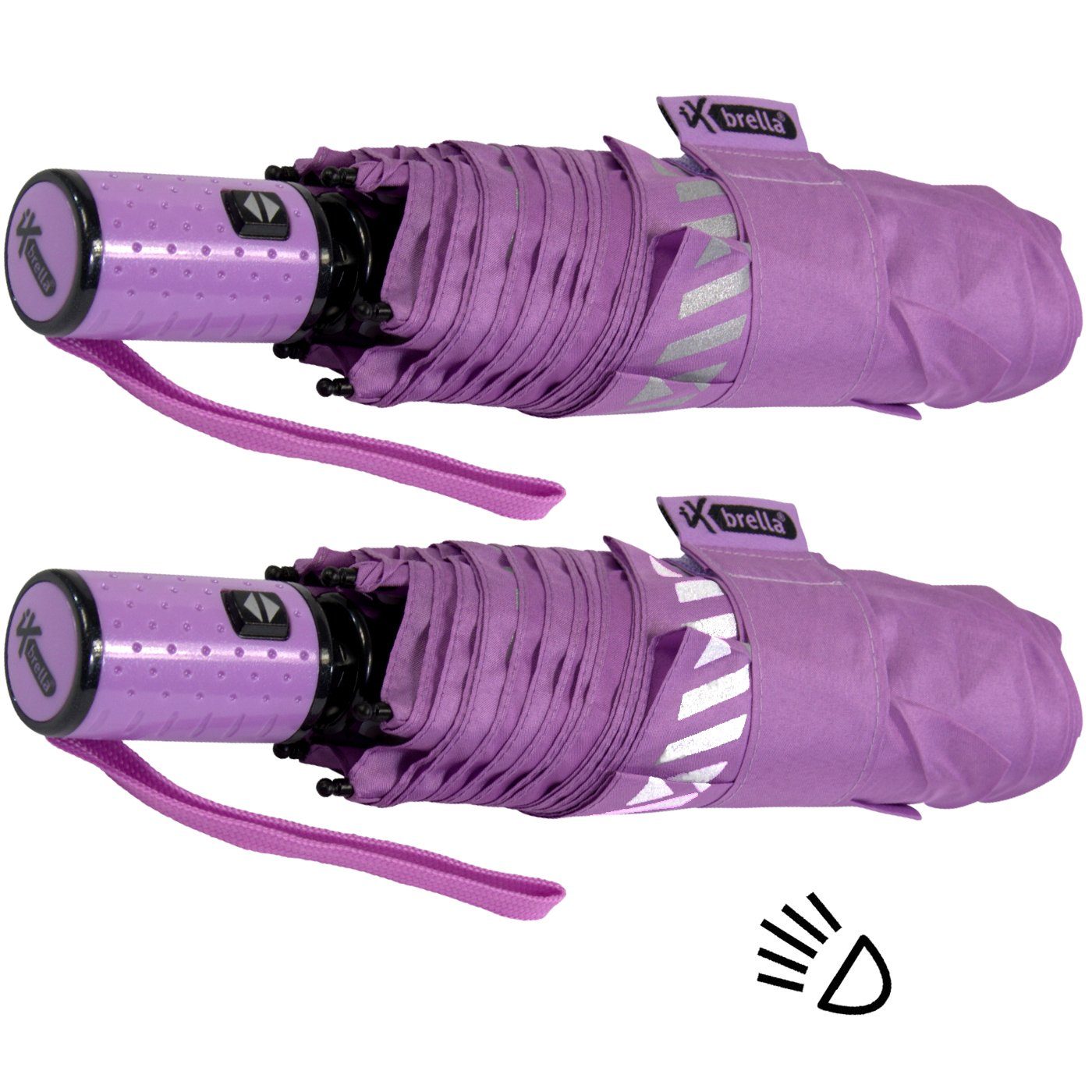 Reflex-Streifen reflektierend, mit iX-brella Sicherheit hell-lila Taschenregenschirm - Kinderschirm Auf-Zu-Automatik, durch
