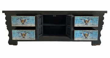 OPIUM OUTLET Lowboard Kommode Schrank TV Lowboard Sideboard, schwarz-türkis, Vintage-Stil Landhaus Antikstil, asiatisch chinesisch orientalisch fernöstlich, Breite 177 cm Höhe 60 cm