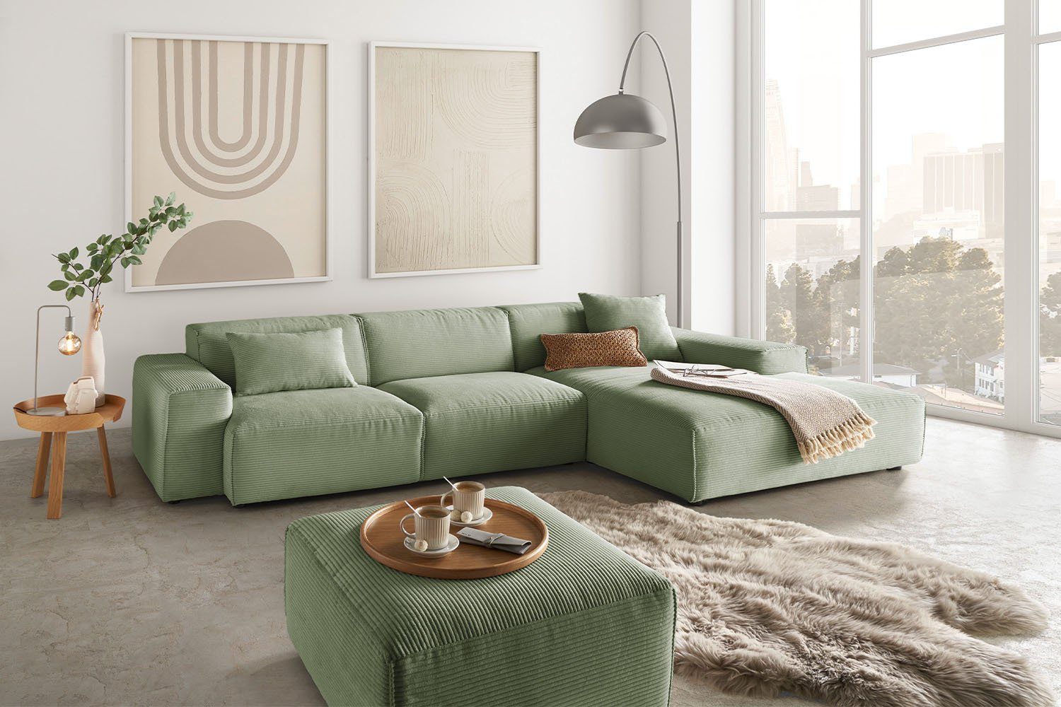 od. RANI, Ecksofa Cord, rechts links, olivgrün Recamiere KAWOLA Farben Sofa | olivgrün versch.