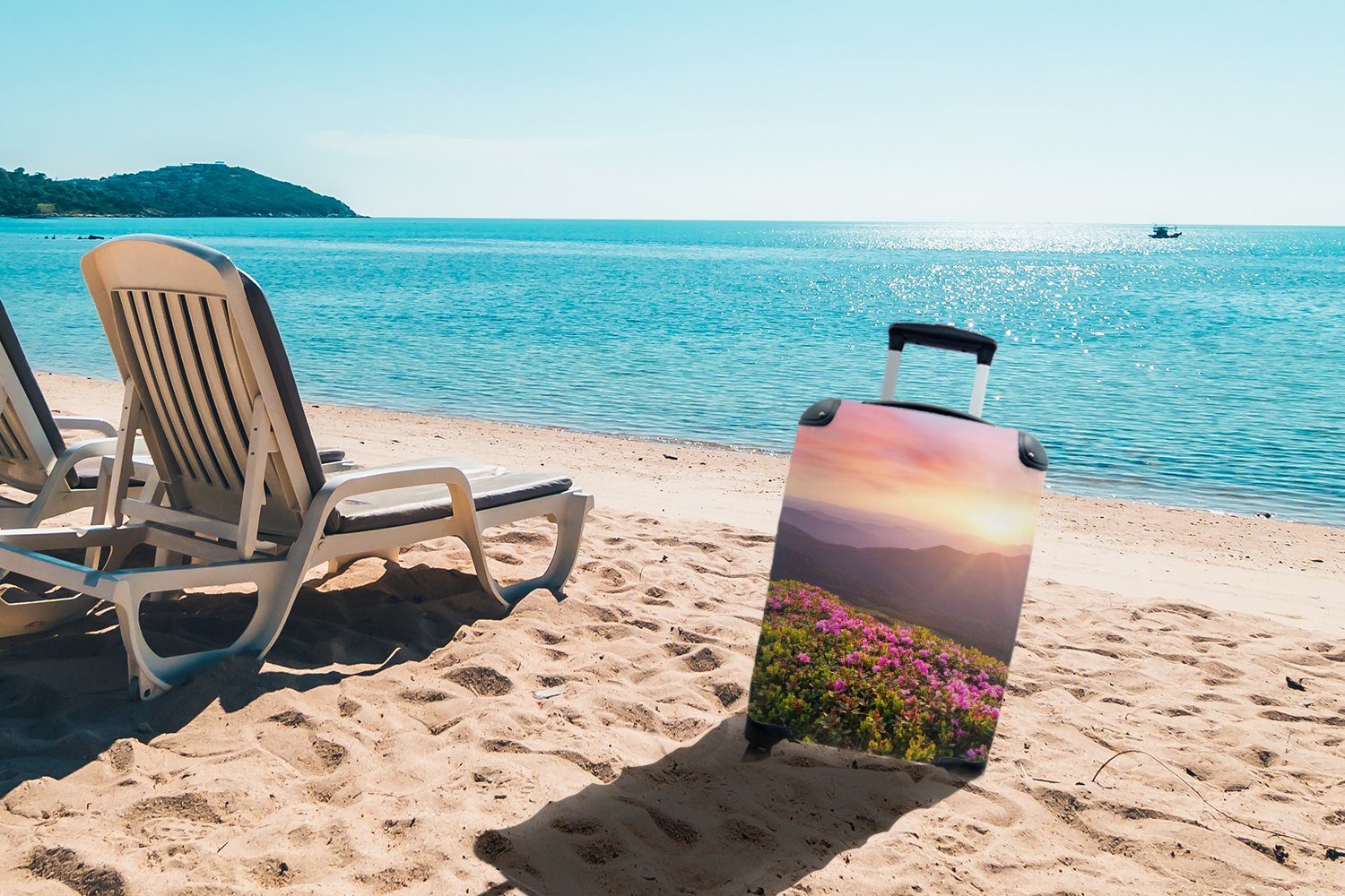 für 4 Ferien, mit Trolley, Rollen, - Sonnenuntergang Handgepäckkoffer Berg Reisetasche Reisekoffer - rollen, MuchoWow Landschaft, Handgepäck Blumen -