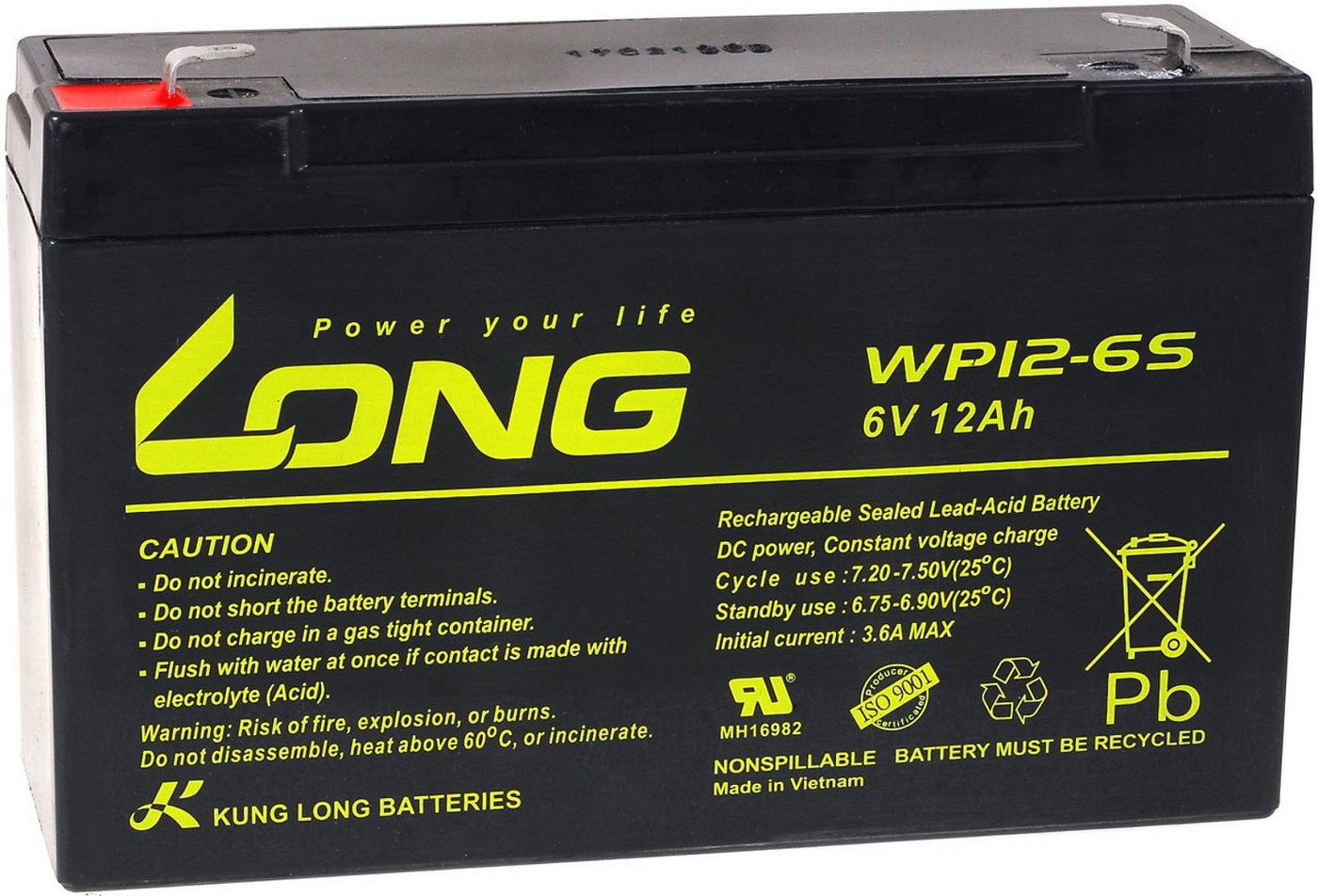 Powery KungLong Ersatzakku für Kinderauto Kinder-Quad 6V 12Ah auch für 10Ah Bleiakkus 12000 mAh (6 V)