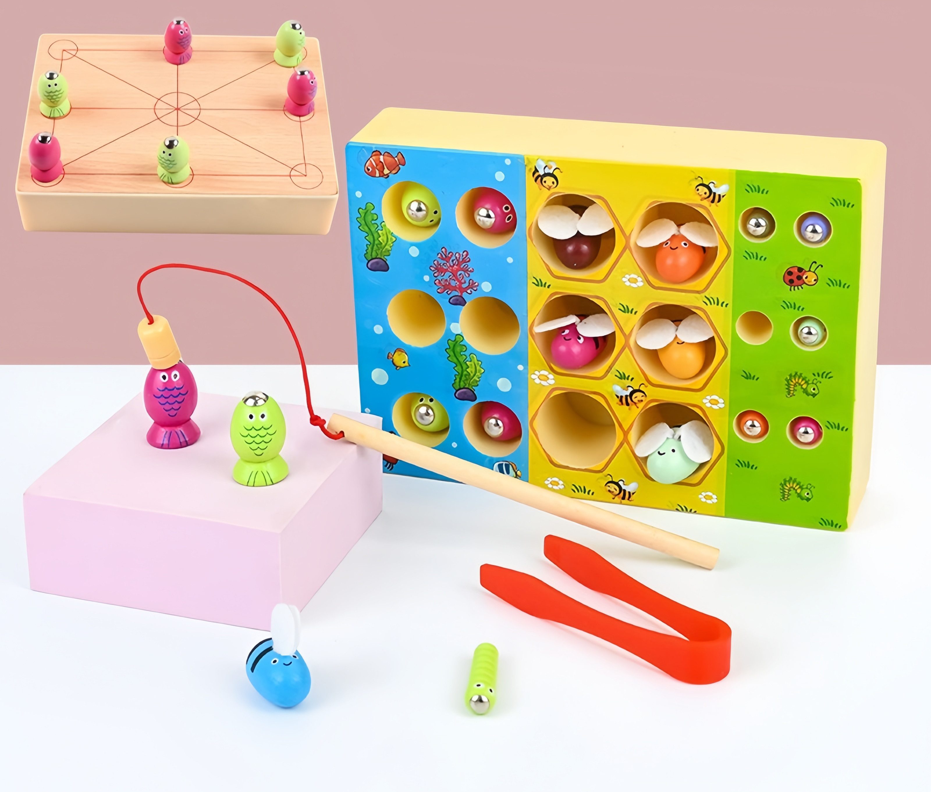 FOUORTUNATE-BEE Spielzeug-Gartenset Montessori 4-in-1 Bienen-Angelspiel – Lernspielzeug ab 2 Jahren, Geschenkidee zur Einschulung – Spielset für Jungen und Mädchen