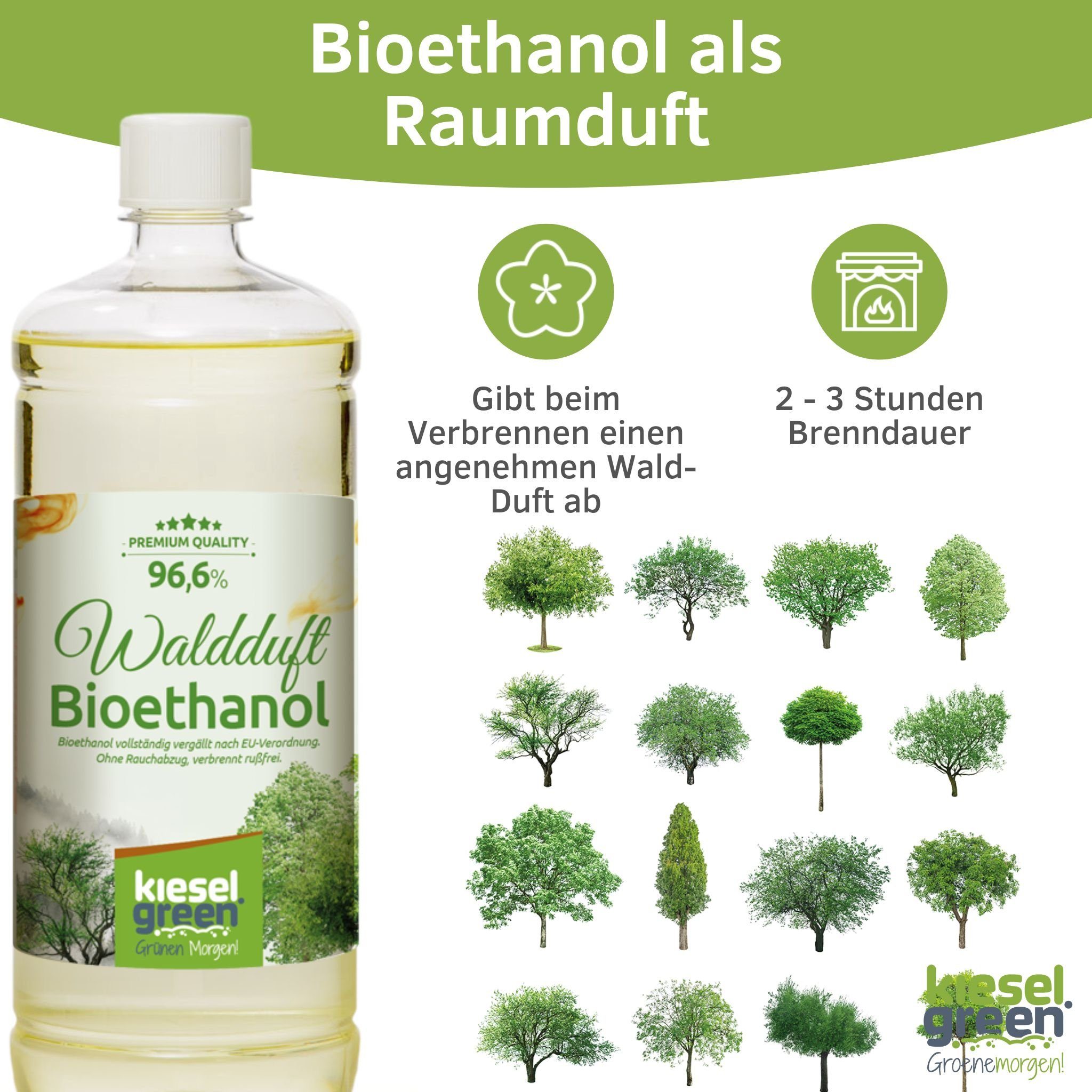 Bioethanol Duft 1 KieselGreen Liter Bioethanol Ethanol-Kamin mit für Flasche KieselGreen Waldduft