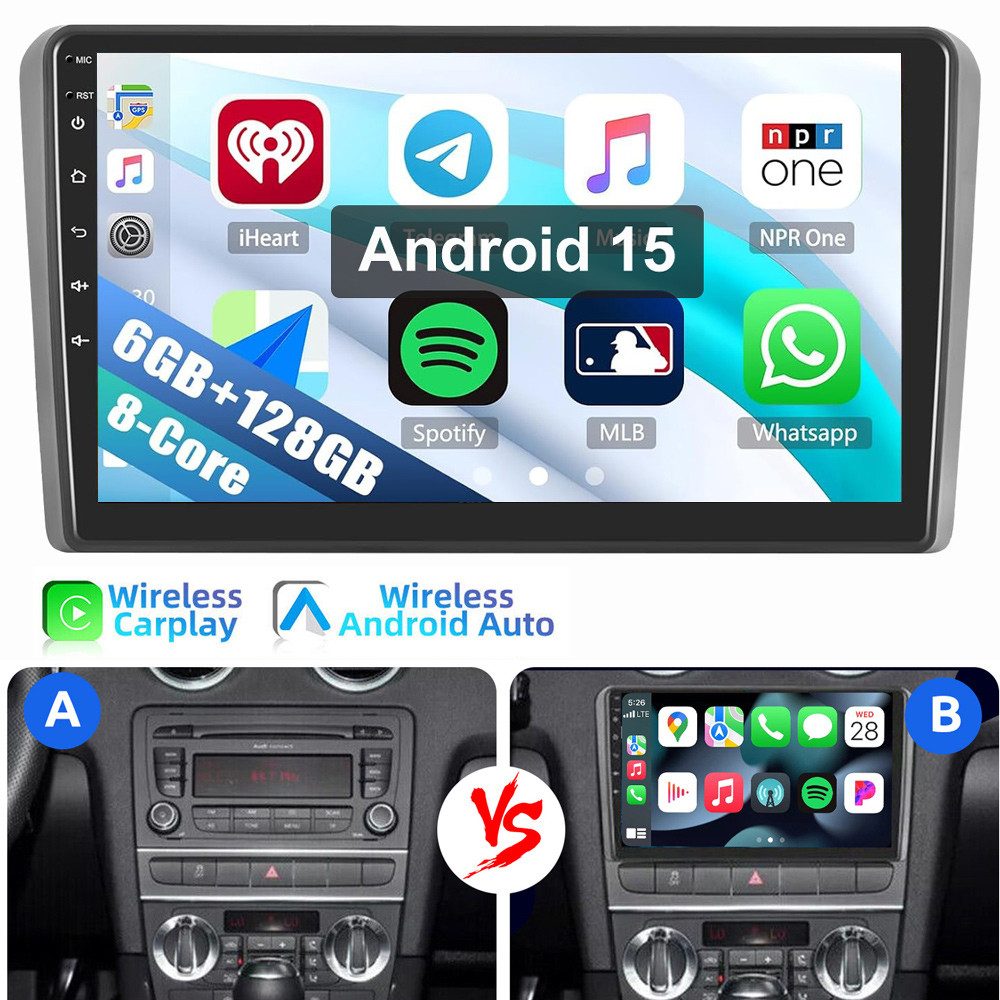 ESSGOO Für Audi A3 S3 8P 2003-2013 6+128GB 8-Kern WIFI Autoradio (RDS, Digitalradio (DAB), FM, AM, Carplay Android Auto GPS Navi WIFI BT 4G LTE)
