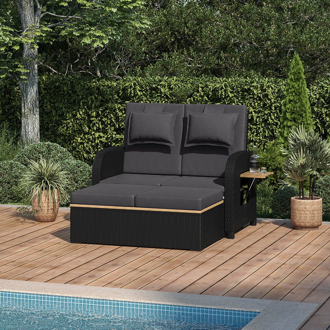 STEELSØN Gartenlounge-Set Caelum Gartensofa mit Liegefunktion, (schwarz/anthrazit, mit Kissen, wetterfest), Rattan Sonnenliege, herausziehbare Bank, ausklappbare Seiten-Tabletts