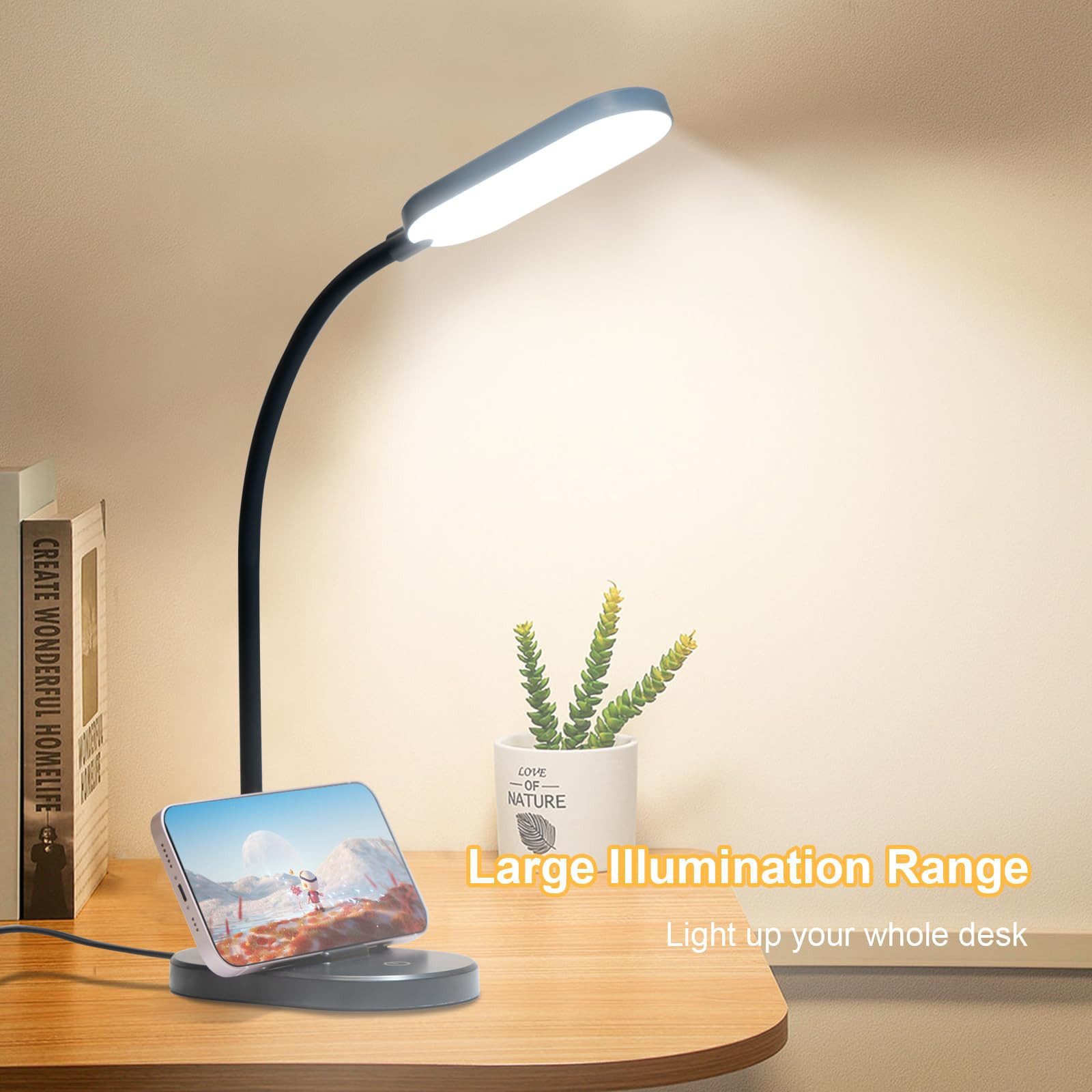 LQWELL Schreibtischlampe Tischleuchte mit Telefonhalter, LED fest integriert, 360° Flexibel Touch-Steuerung, Studienlampe für Heimbüro, 5000k, 160 Lumen, LED Sc – Bild 2 von 5