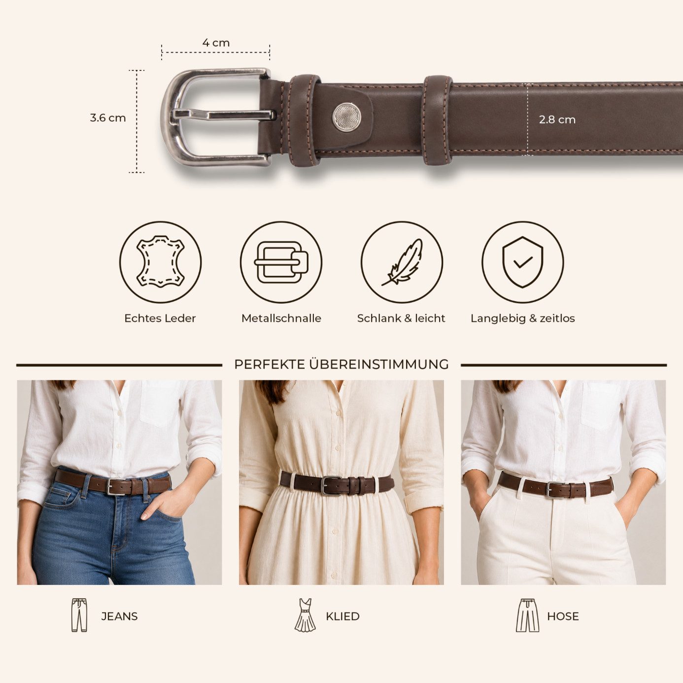 herémood Ledergürtel Gürtel Damen Ledergürtel Jeans & Kleid Geschenke Frauen Accessoires (Gürtel Damen Braun 120 cm - Premium Ledergürtel - handgefertigt - hochwertig verarbeitet - kürzbar, 1-St., Taillengürtel Damen aus Echtleder, für Mom Jeans Damen & Kleid & Hosen) Damengürtel Leder, Geburtstag Geschenk Frau Jeans, Hosen & Kleidung