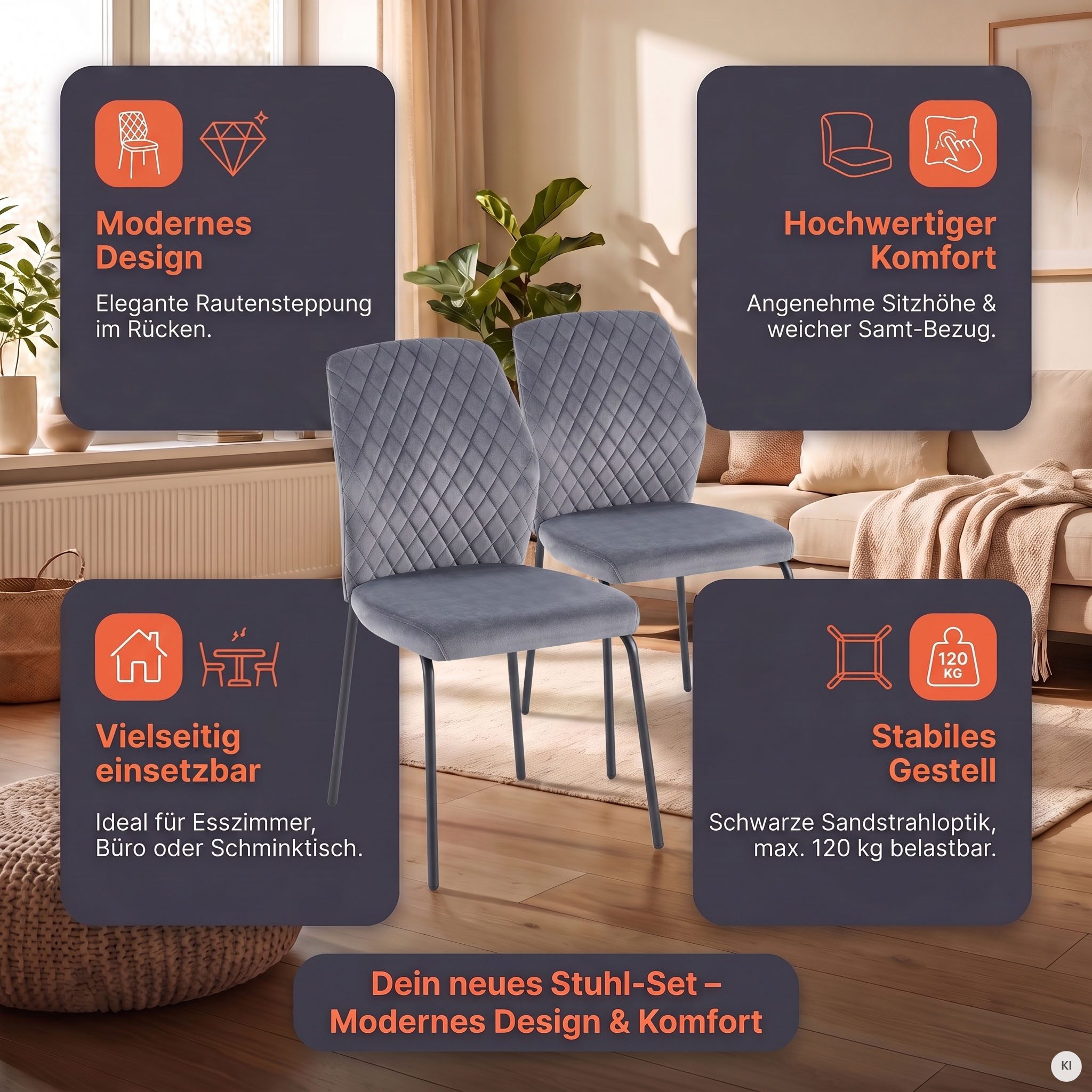 SalesFever 4-Fußstuhl Esszimmerstuhl mit elegantem Stil (Set, 2 St), 2er Set mit eleganter Wabensteppung im Rücken – Bild 5 von 5