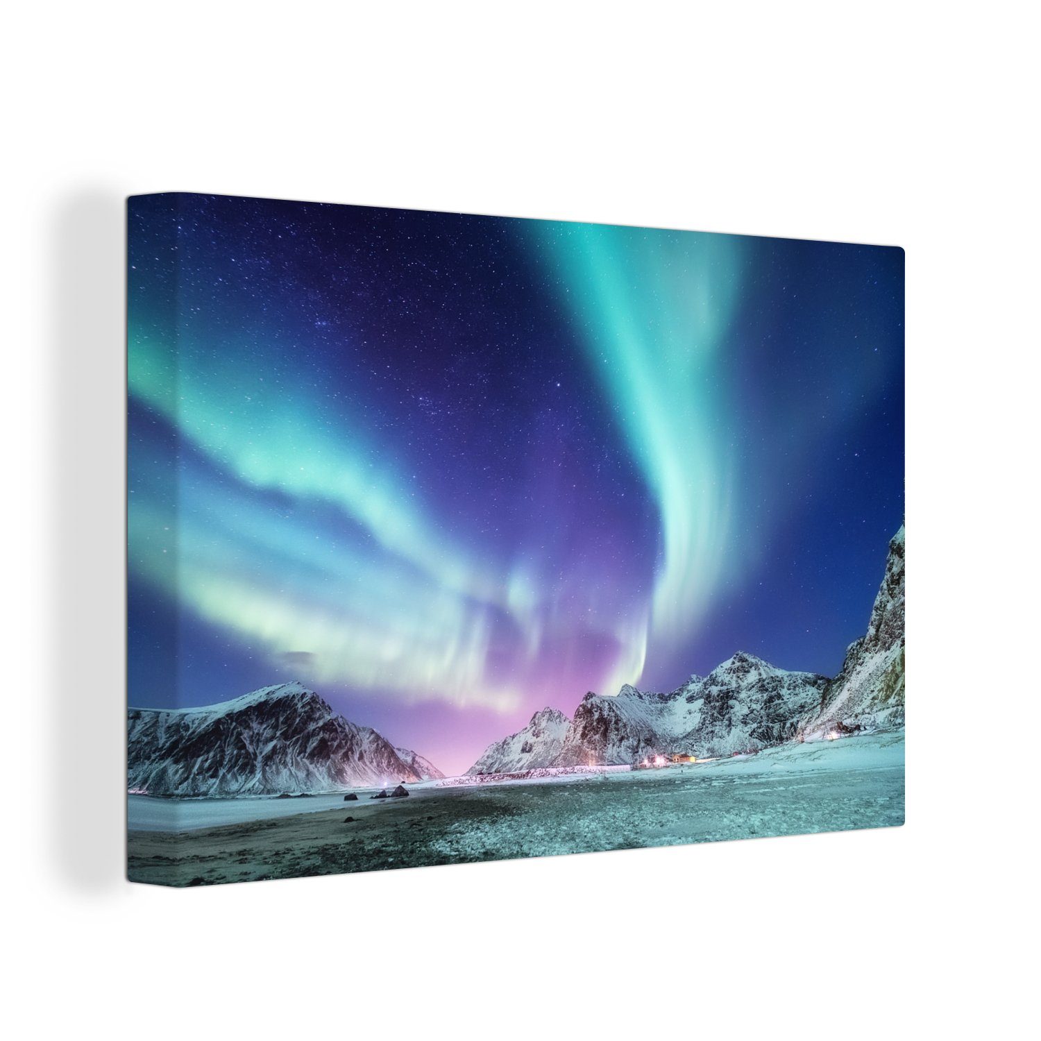 OneMillionCanvasses® Leinwandbild Nordlichter - Schnee - Berg - Norwegen, (1 St), Wandbild für alle Wohnbereiche, Gemälde, XXL, großes, 120x80 cm