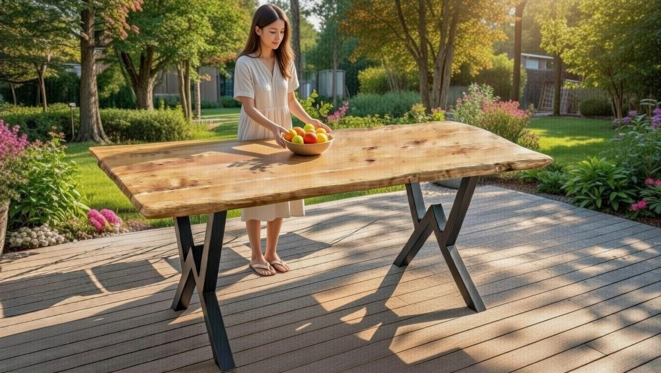 Xlmoebel Gartentisch Massiver Holz-Esstisch mit schwarzem X-förmigem Metallgestell, Made in Europa