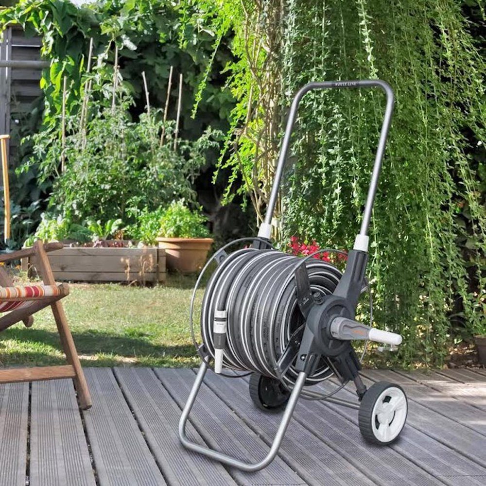 Gartenschlauch Schlauchwagen SET 50m Schlauch 1/2"+ Spritzdüse+Ha, Bewässerung, (1x gerade Düse, verstellbare, 3x Schnellkupplung 1/2 ''  1x Schnellkupplung mit 1/2'', 1x 3/4 '' Hahnanschluss, 1x Hahnanschluss mit Reduzierung 3/4'' - 1/2)
