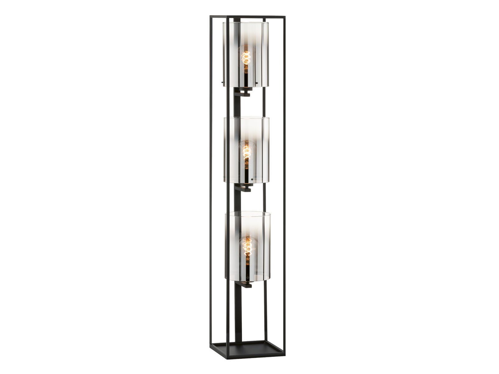 FISCHER & HONSEL LED Stehlampe, Dimmfunktion, LED wechselbar, Warmweiß, kleine Bodenlampe 3-flammig dimmbar Rauch-Glas Lampenschirm Schwarz