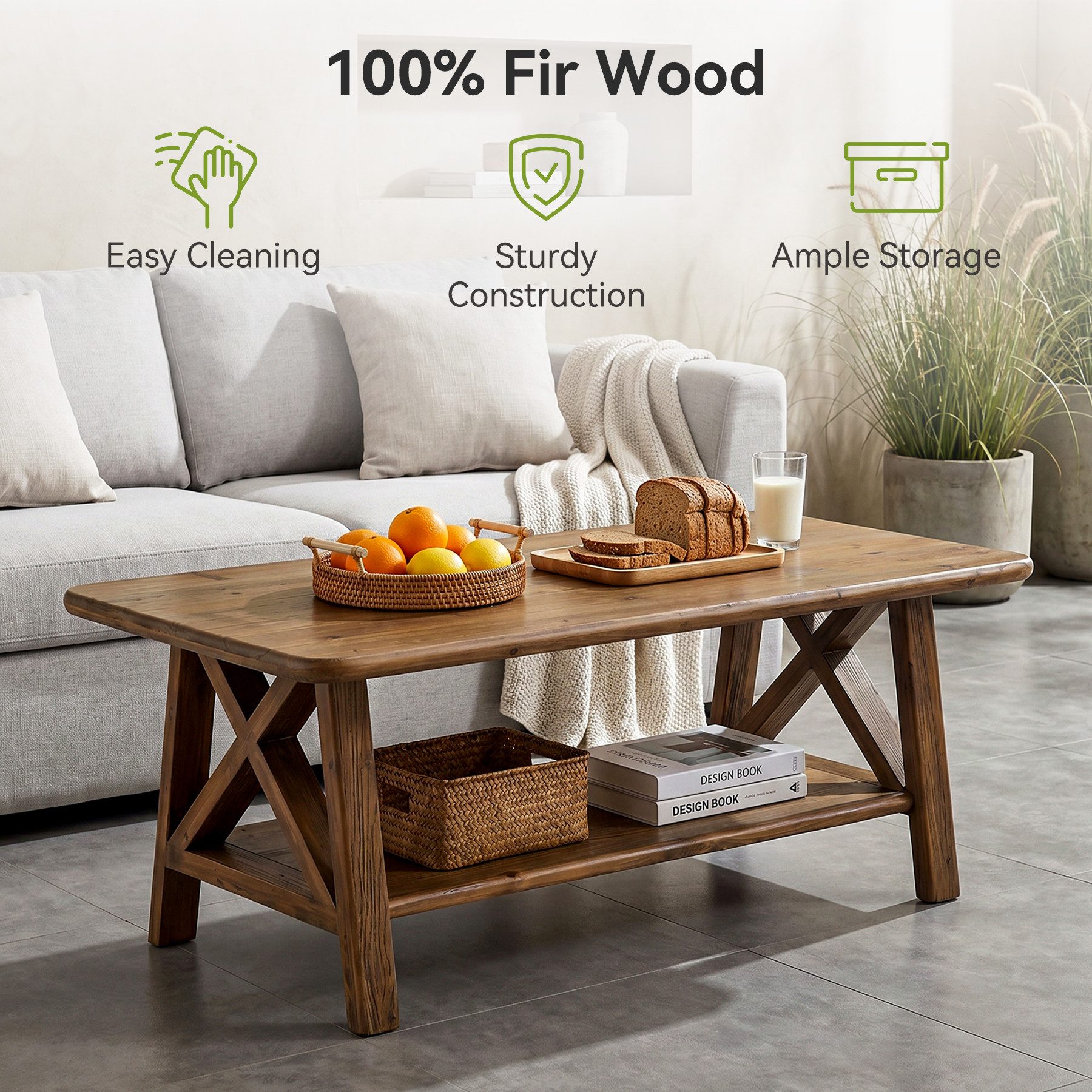Tribesigns Couchtisch 120cm rechteckiger Beistelltisch mit 2-Ebenen, stabile X-förmige Beine