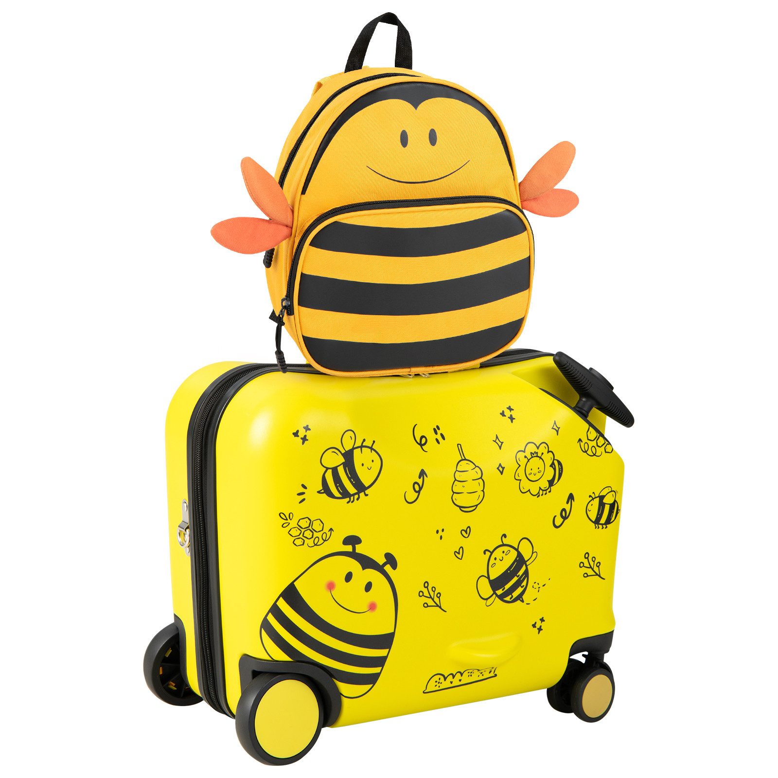 COSTWAY Kinderkoffer 12"+18" Kindertrolley, zum sitzen, mit 4 Rollen & Rucksack