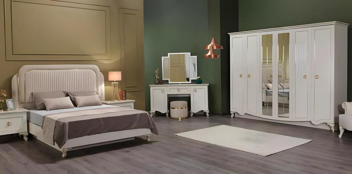 JVmoebel Schlafzimmer-Set Schlafzimmer Garnitur in Weiß mit Doppelbett und Nachttischen, (5-tlg., Bett, 2xNachttische, Kleiderschrank, Schminktisch), Made in Europe