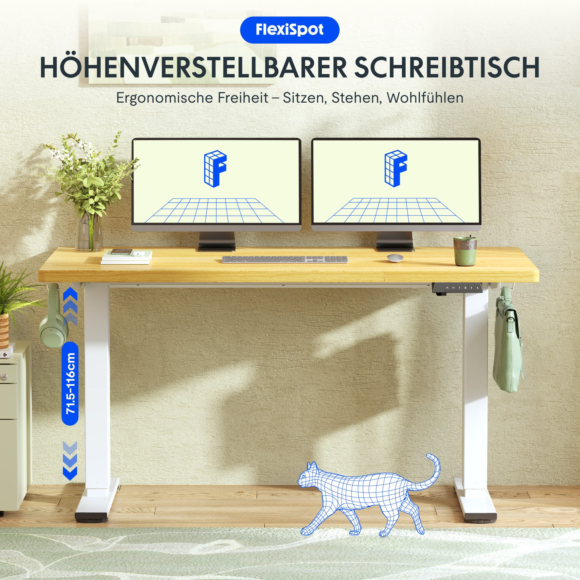 FLEXISPOT Schreibtisch Basic-Series Elektrisch höhenverstellbarer Schreibtisch (Anti-Kollisions-system, 2- Fach-Teleskop, mit Haken, LED-Display), MAX. Load: 80kg, 100/110/120/140/160, MIT einteilige Tischplatte