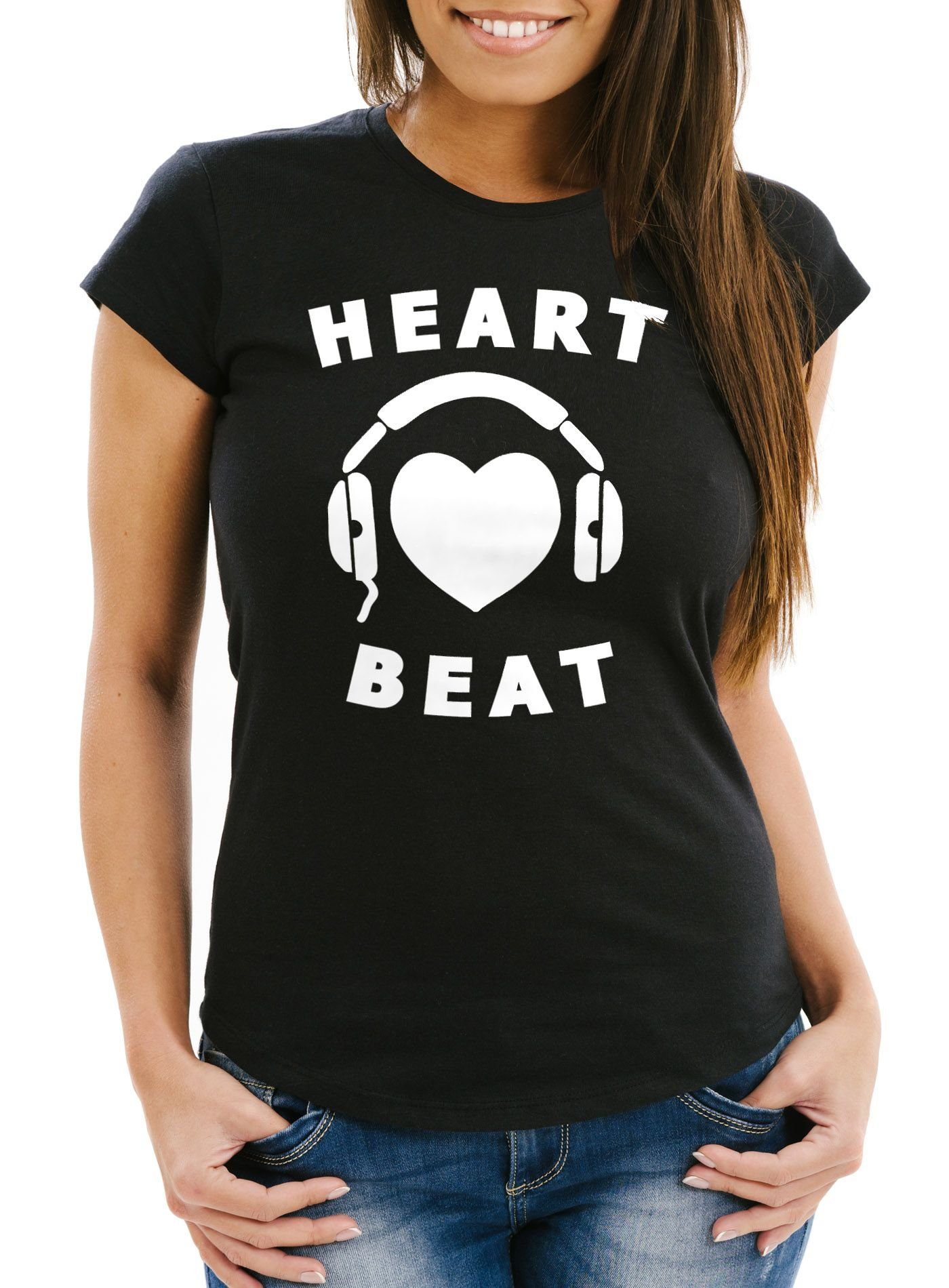 MoonWorks Print-Shirt Damen T-Shirt Heart Beat Herz Kopfhörer Musik Techno Slim Fit Moonworks® mit Print