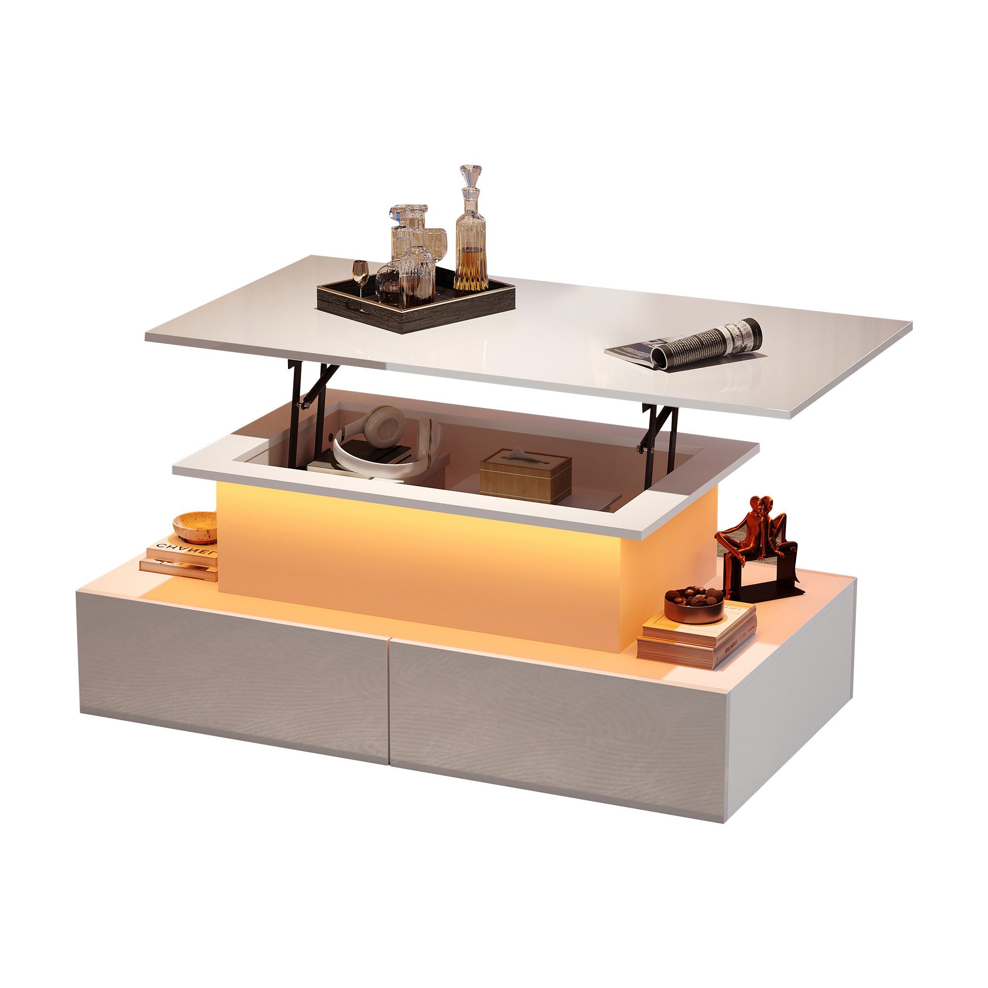 Merax Couchtisch hochglanz Sofatisch Beistelltisch mit LED und hydraulischer Lift (Lift-Teetisch, 90x55x41cm), Wohnzimmertisch mit 4 Schubladen und Stauraum inkl. Fernbedienung