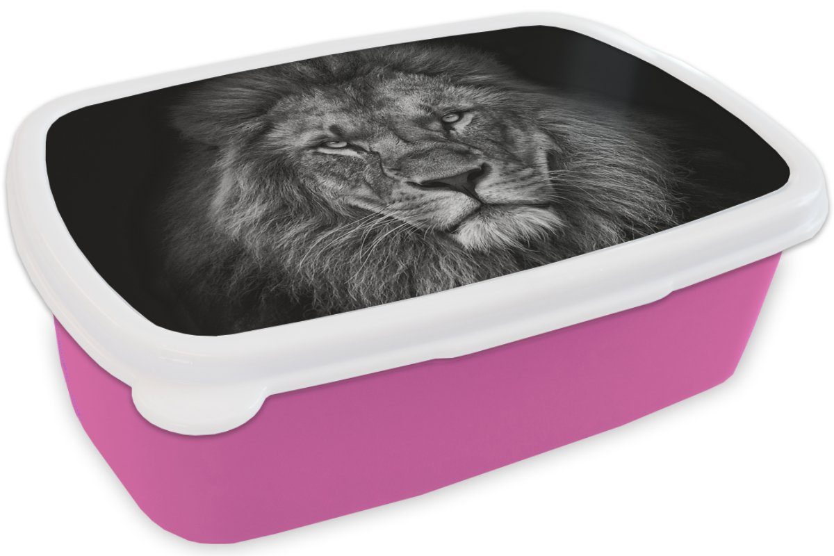 MuchoWow Lunchbox Löwe - Tiere - rosa Erwachsene, Brotbox Weiß, - Kunststoff, Snackbox, (2-tlg), Kinder, für Brotdose Schwarz Mädchen, Kunststoff