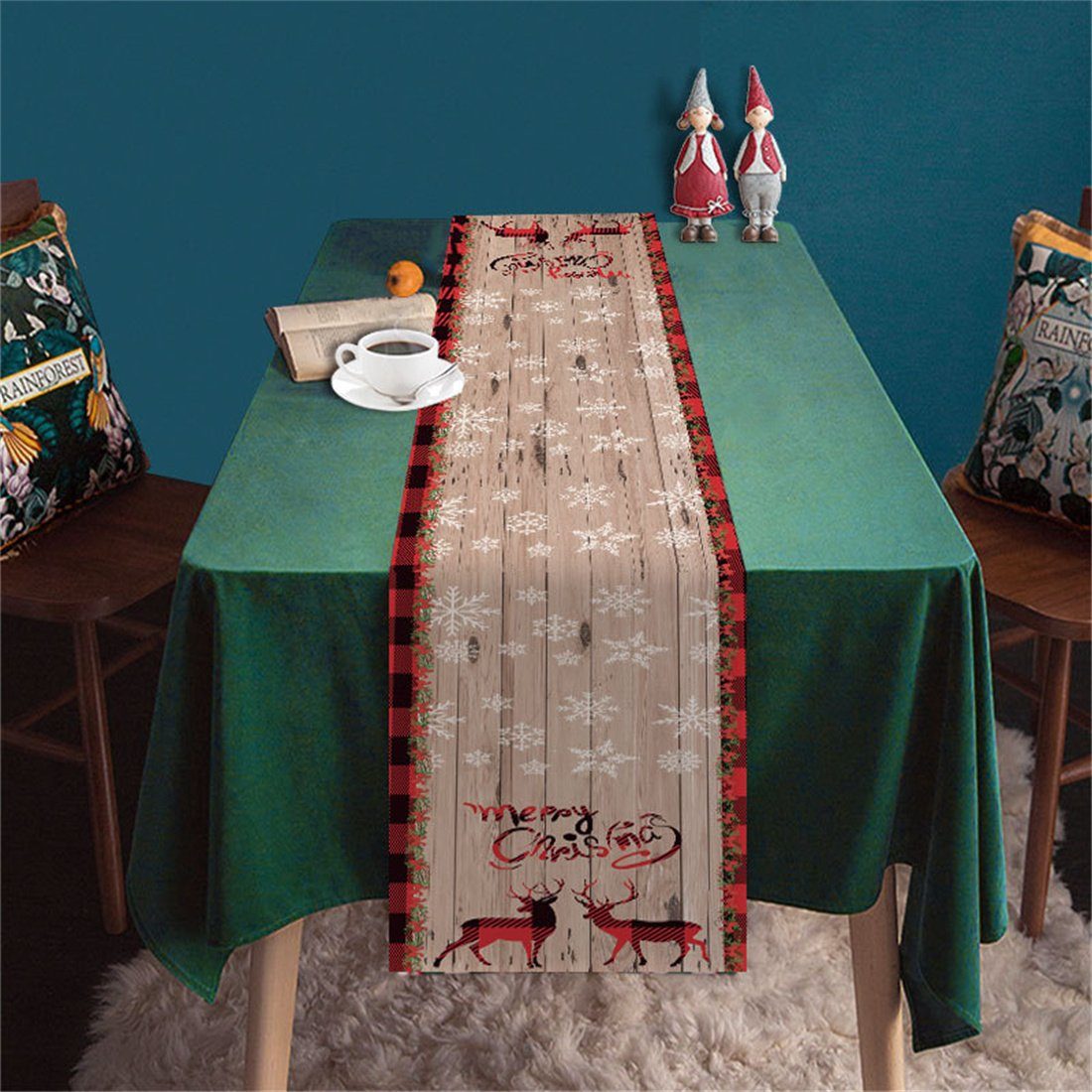 DÖRÖY Tischläufer Christmas Fawn Print Tischdekoration,Weihnachtsmann Tischläufer