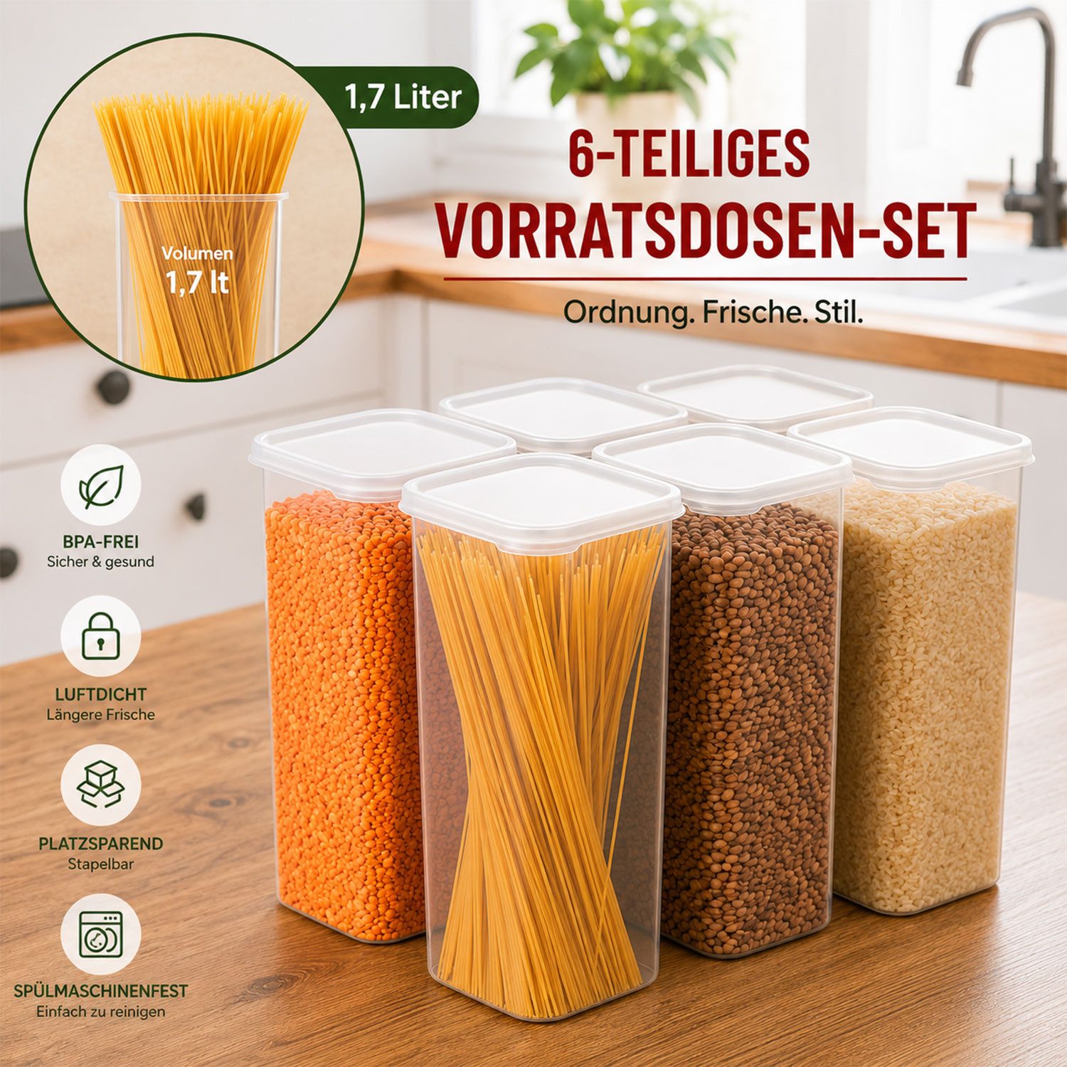 Jungengel Vorratsdose Groß 6x Stück Vorratsdosen Frischhaltedosen Aufbewahrungsdosen, (Set, 6-tlg., 6 passende Deckel, Gesamtvolumen 10,2 Liter, 6 Vorratsdosen à 1,7 Liter), Vorratsdosen-Set, je 1,7 Liter Fassungsvermögen, luftdicht, BPA-frei