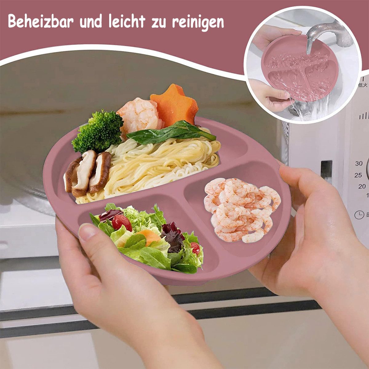 KINSI Kindergeschirr-Set 5er Silikon-Kindergeschirr Set, Babyteller, sicher ohne Schädstoffe, 1 Personen, Kindergeschirr aus Silikon Schüssel, Gabel, Löffel Lätzchen Set