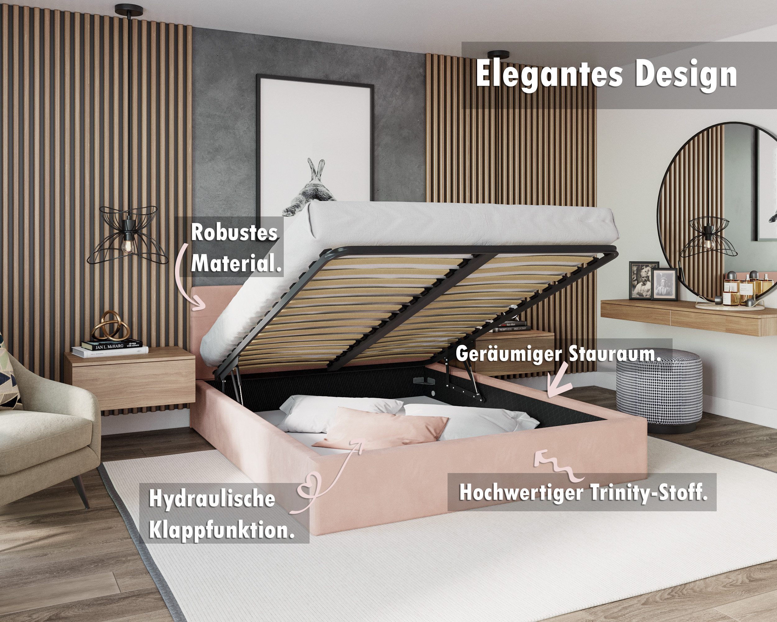 thematys Polsterbett Bett Stauraumbett aus Velours, 120x200, 140x200, 160x200, 180x200cm (MADE IN EU - mit hochwertigem Velours Bezug Trinity, Bettrahmen, Bett, Optional mit Matratze bestellbar, mit großen gepolsterten Kopfteil, mit Bettkasten zum aufklappen), Metallrahmen mit Lattenrost, hydraulische Klappfunktion für Stauraum