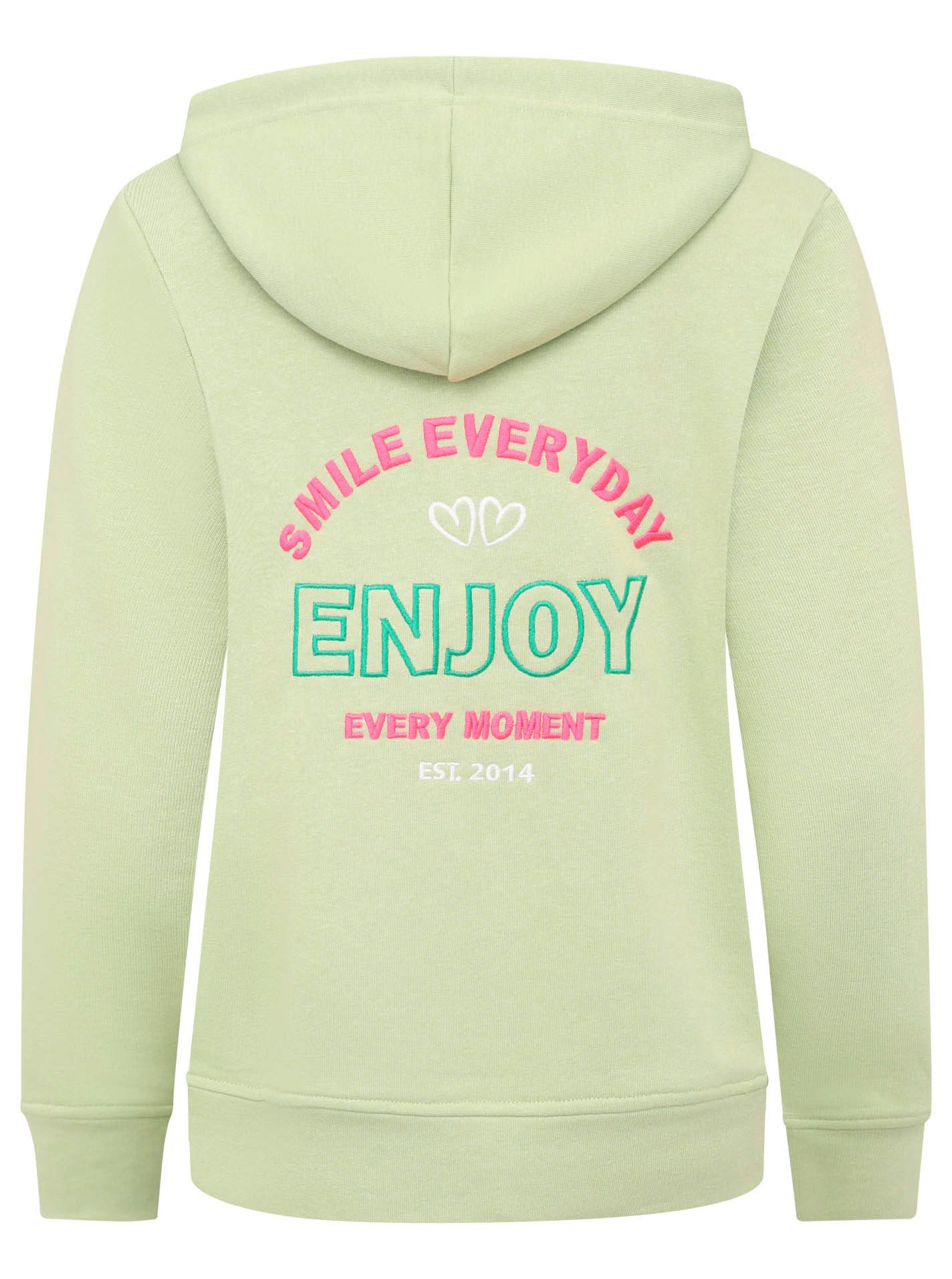 Zwillingsherz Hoodie "Smile Everyday Enjoy" mit V-Ausschnitt, großer Botschaft auf dem Rücken, Kapuze, Kordelzug – Bild 4 von 4