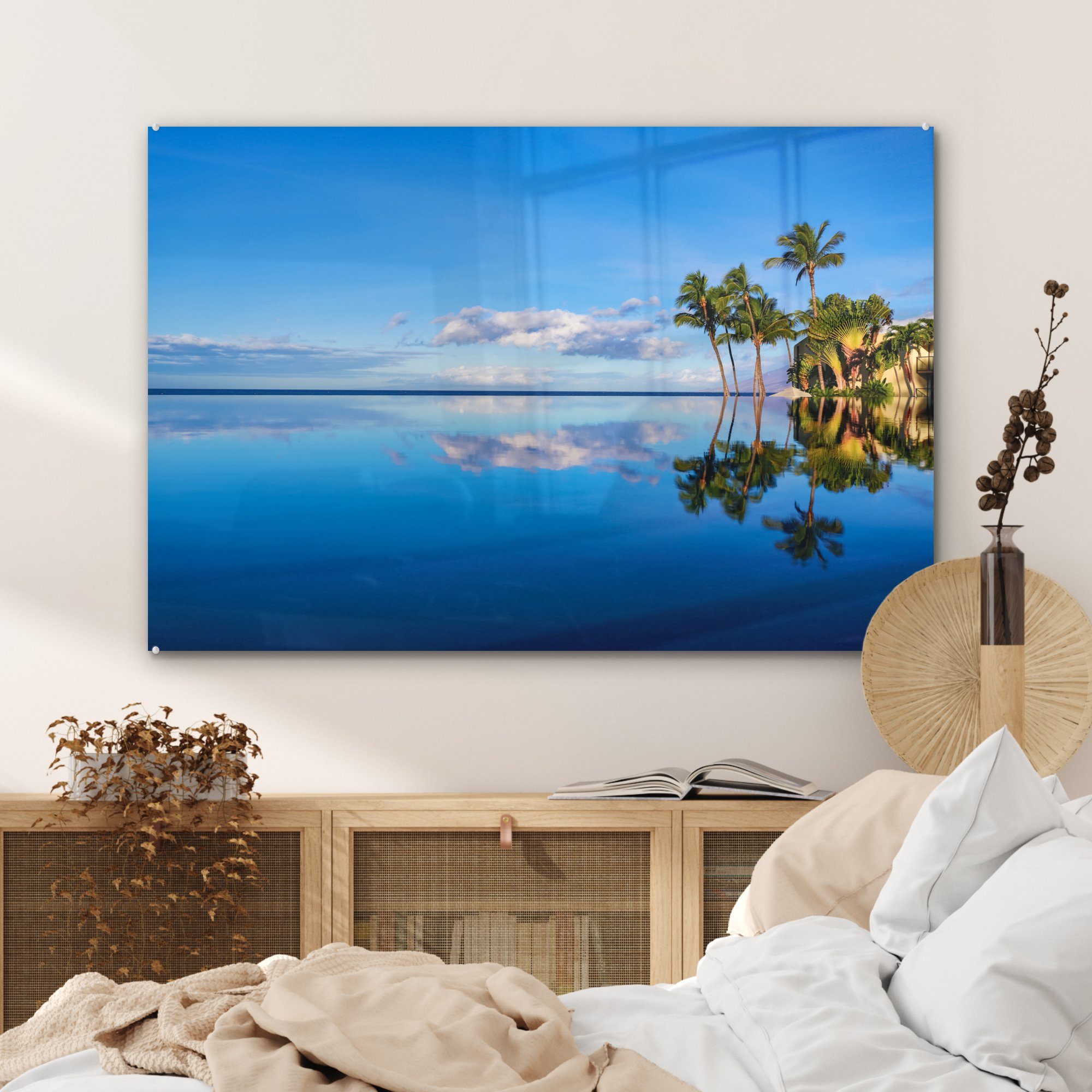 MuchoWow Acrylglasbild Am St), Acrylglasbilder in Wohnzimmer & Wasser, Beach (1 Palmen sich Wailea spiegeln im Hawaii Schlafzimmer die