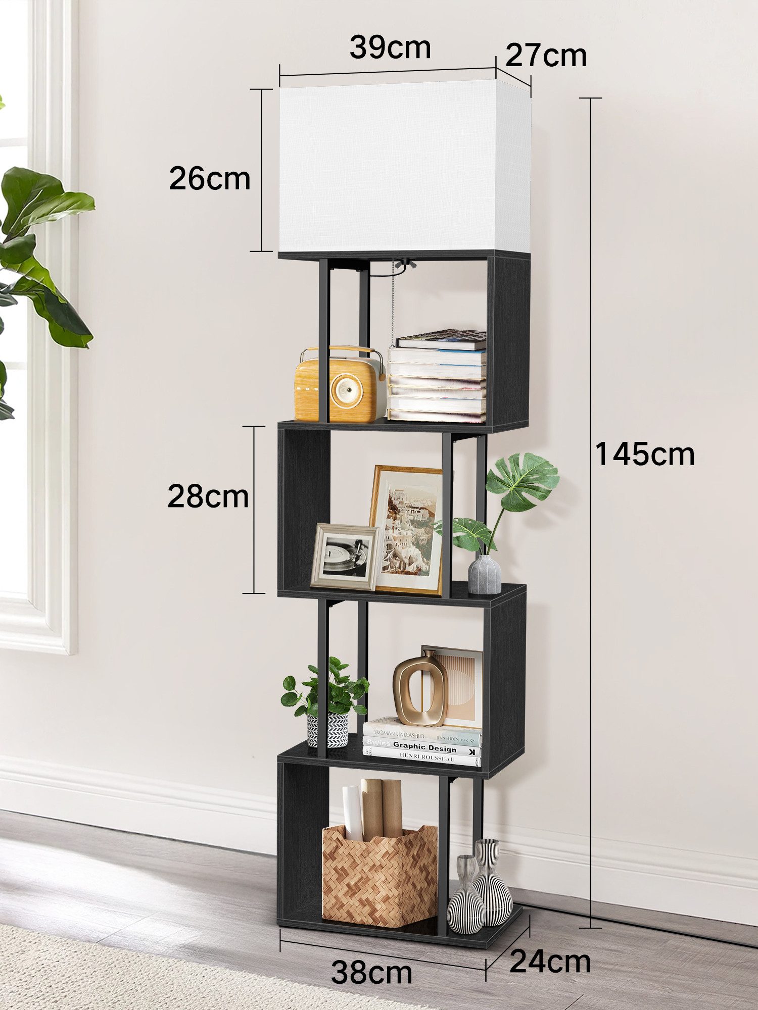 OUTON Stehlampe S-förmiges Bücherregal mit Beleuchtung, 4 Ebenen, Fernbedienung, 3000K-6000K, gelb/schwarz
