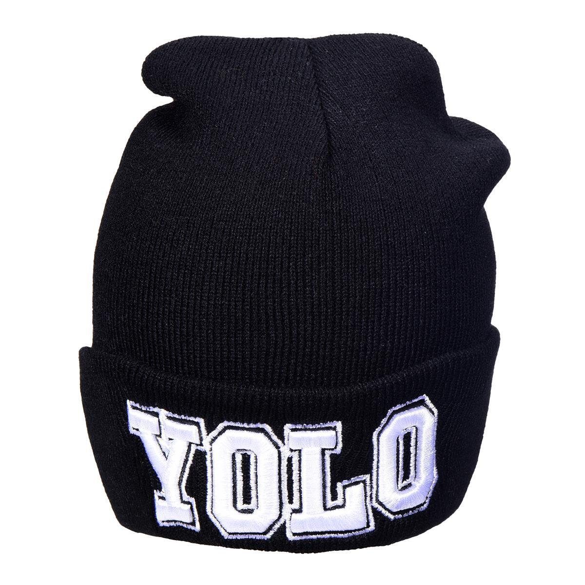 mit schwarz Beanie Statement-Print, Damen (Packung, Krempe - "YOLO" Strickmütze Stylische Winter DonDon mit Wintermütze, coolem 1-St) Beanie