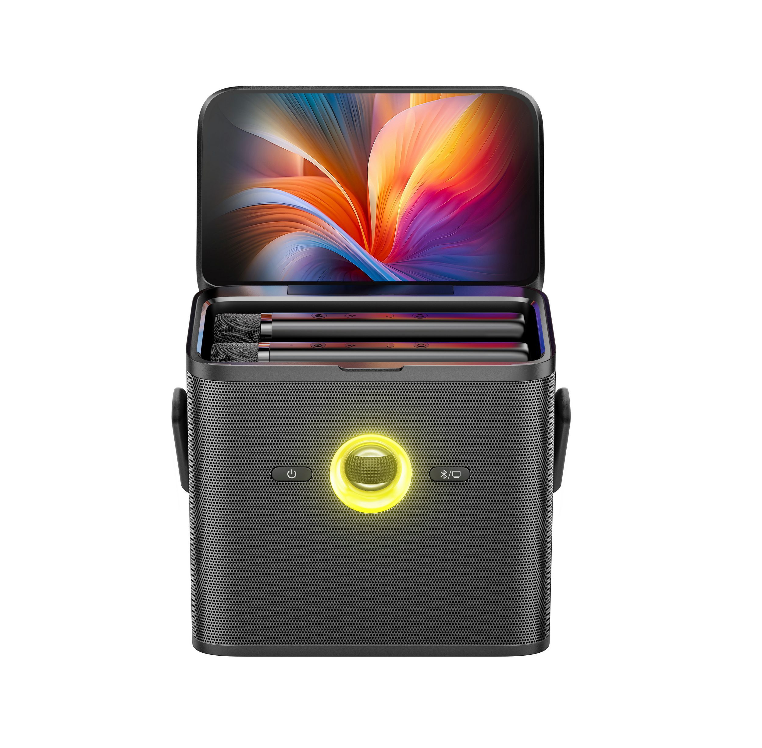 Ikarao Shell Karaoke-Maschine 2.0 (WiFi 2.4 GHz, WiFi 5 GHz, Bluetooth 5.4, 80 W, Karaoke Lautsprecher, Touchscreen, 2 Mikrofone (kabellos), Lichteffekt)