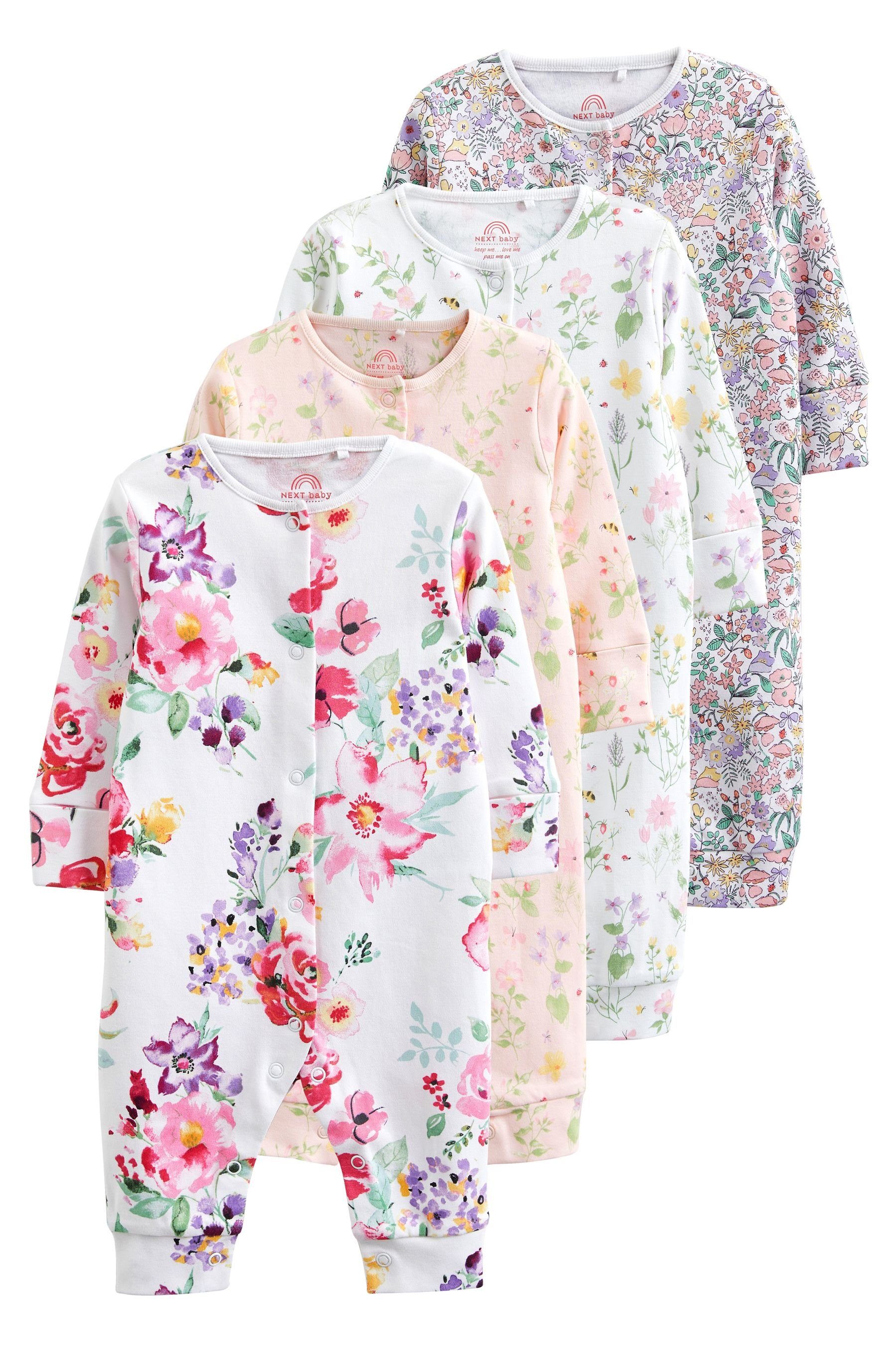 Next Schlafoverall 4 x Fußlose Babyschlafanzüge mit Blumenmuster (4-tlg)
