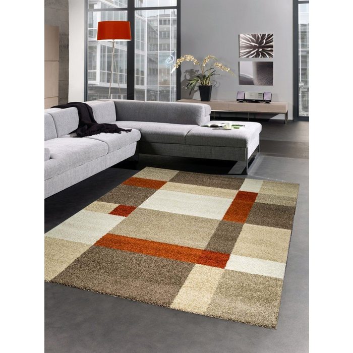 Teppich Moderner Teppich Kurzflorteppich Wohnzimmerteppich karo braun beige terrakotta Carpetia rechteckig Höhe: 18 mm