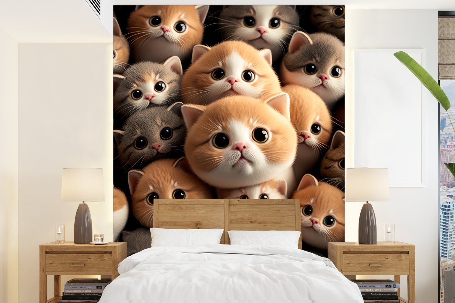 MuchoWow Fototapete Katzen - Haustiere - Kätzchen - Design - Jungen - Mädchen, Matt, bedruckt, (4 St), Montagefertig Vinyl Tapete für Wohnzimmer, Wandtapete