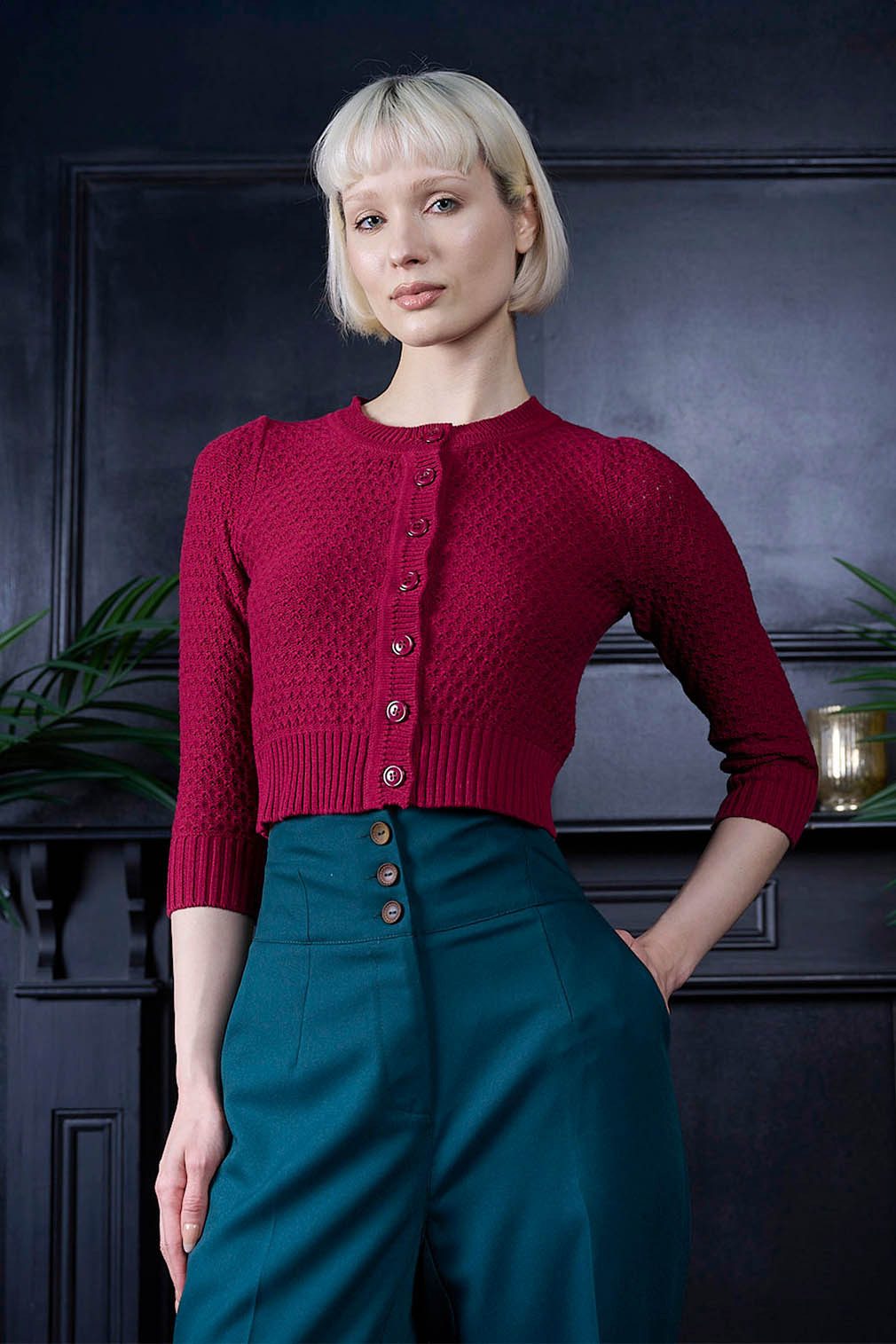 Banned Strickjacke Fara Cardigan Burgunder Vintage Wabenmuster Baumwolle