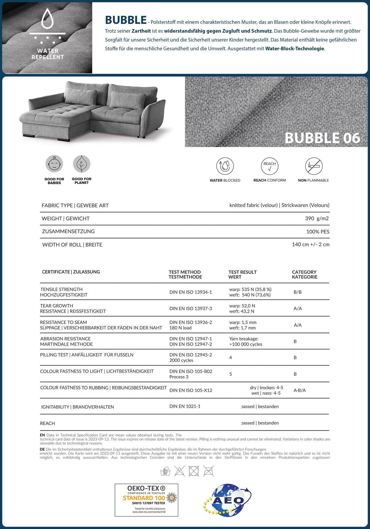 240 inklusive mit Grau stilvoll Ecksofa 06) Wohnzimmerecke, Caro, cm Bettkasten, mit (bubble Sofa, Federkern Corner Relaxfunktion, Beautysofa