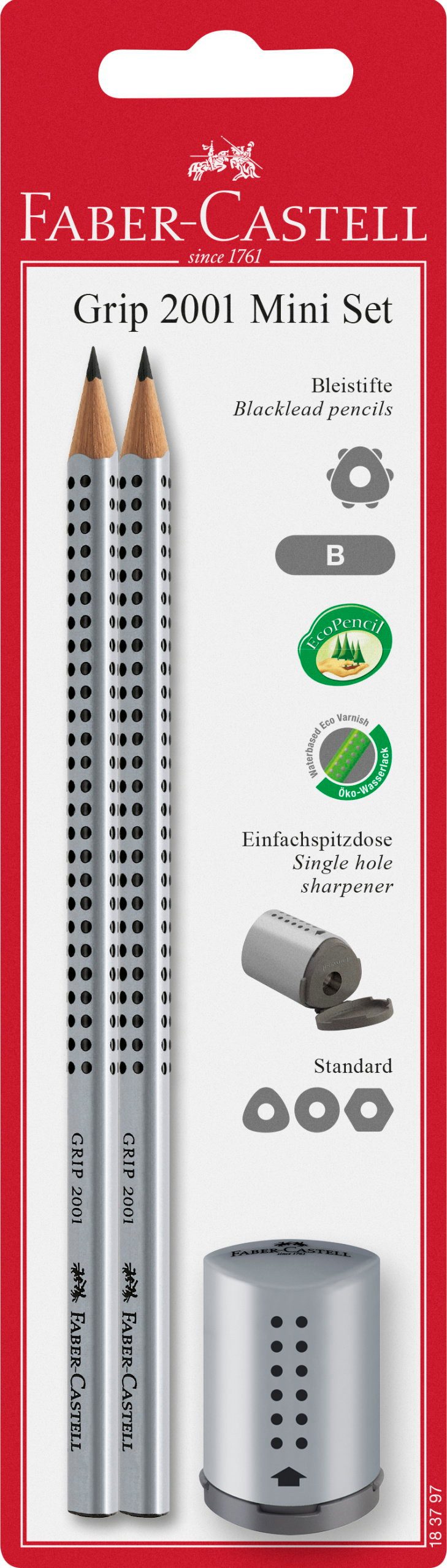 Faber-Castell Bleistift Faber Castell Bleistift Grip 2001 B silber 2er Spitzer