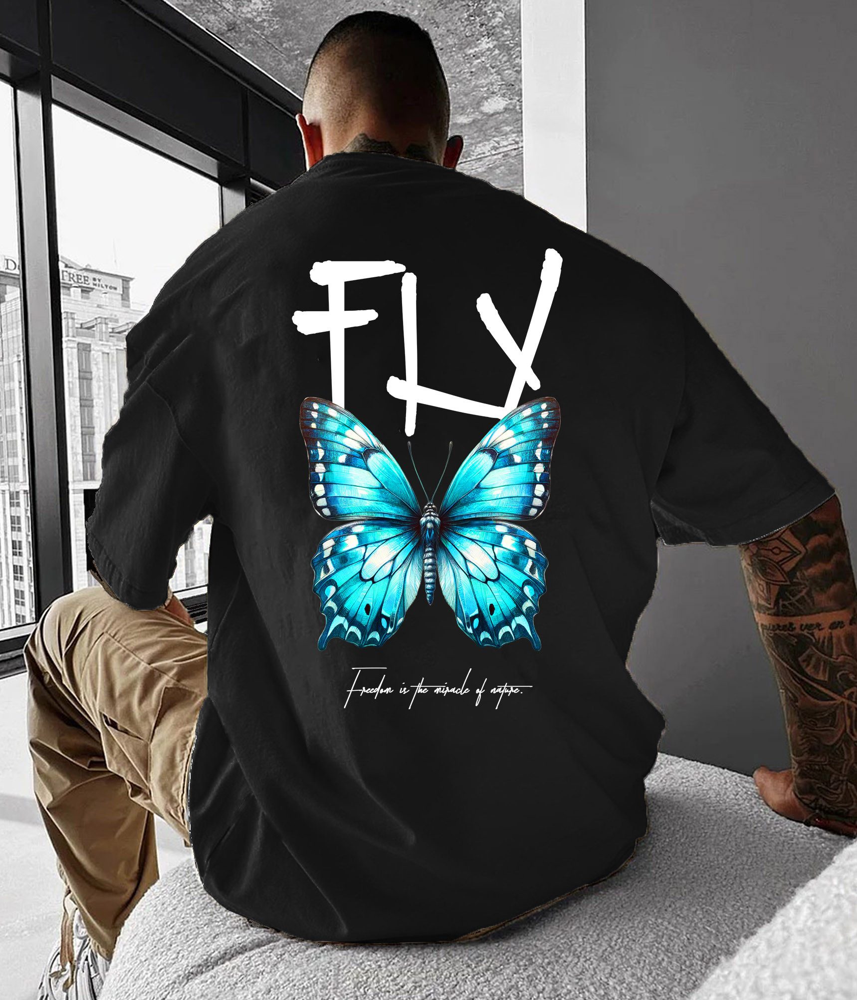 T-Shirt RMK T-Shirt Herren Shirt Rundhals Schmetterling Butterfly