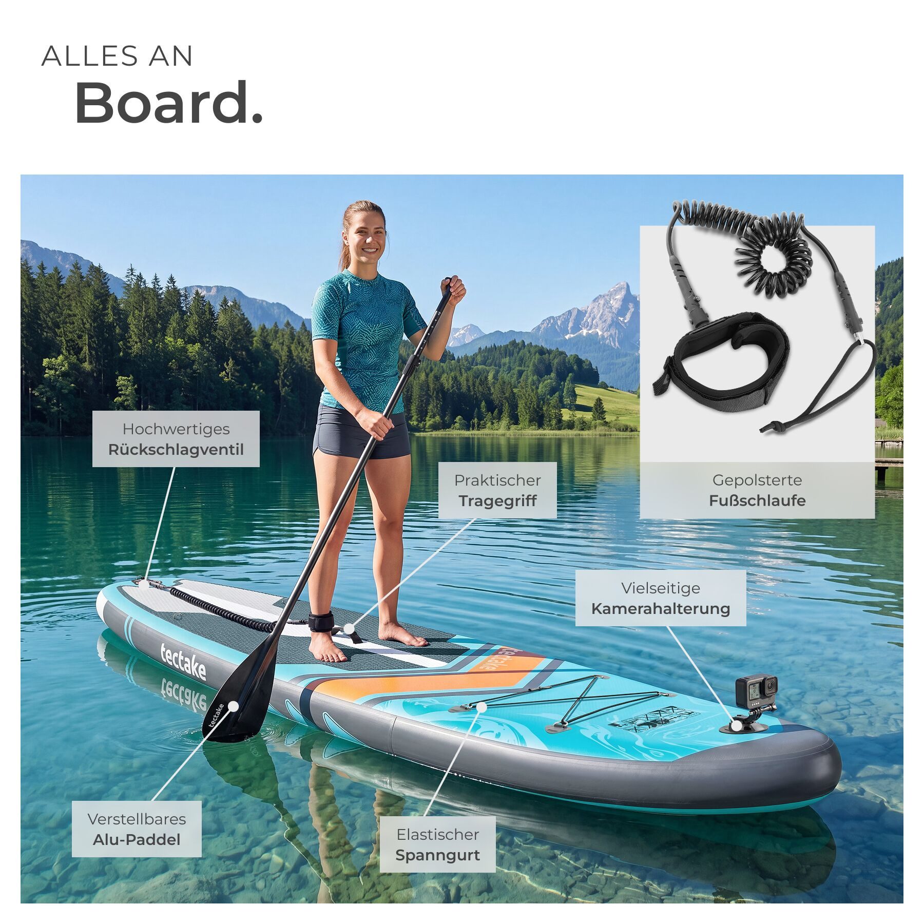 tectake SUP-Board Paddle Board aufblasbar, mit Kamerahalterung, Kajak-Sitz, rutschfest, Stand-up Paddle, (Sup Board Palagios, in Türkis/orange), Belastbar bis 200 kg, inkl. Zubehör