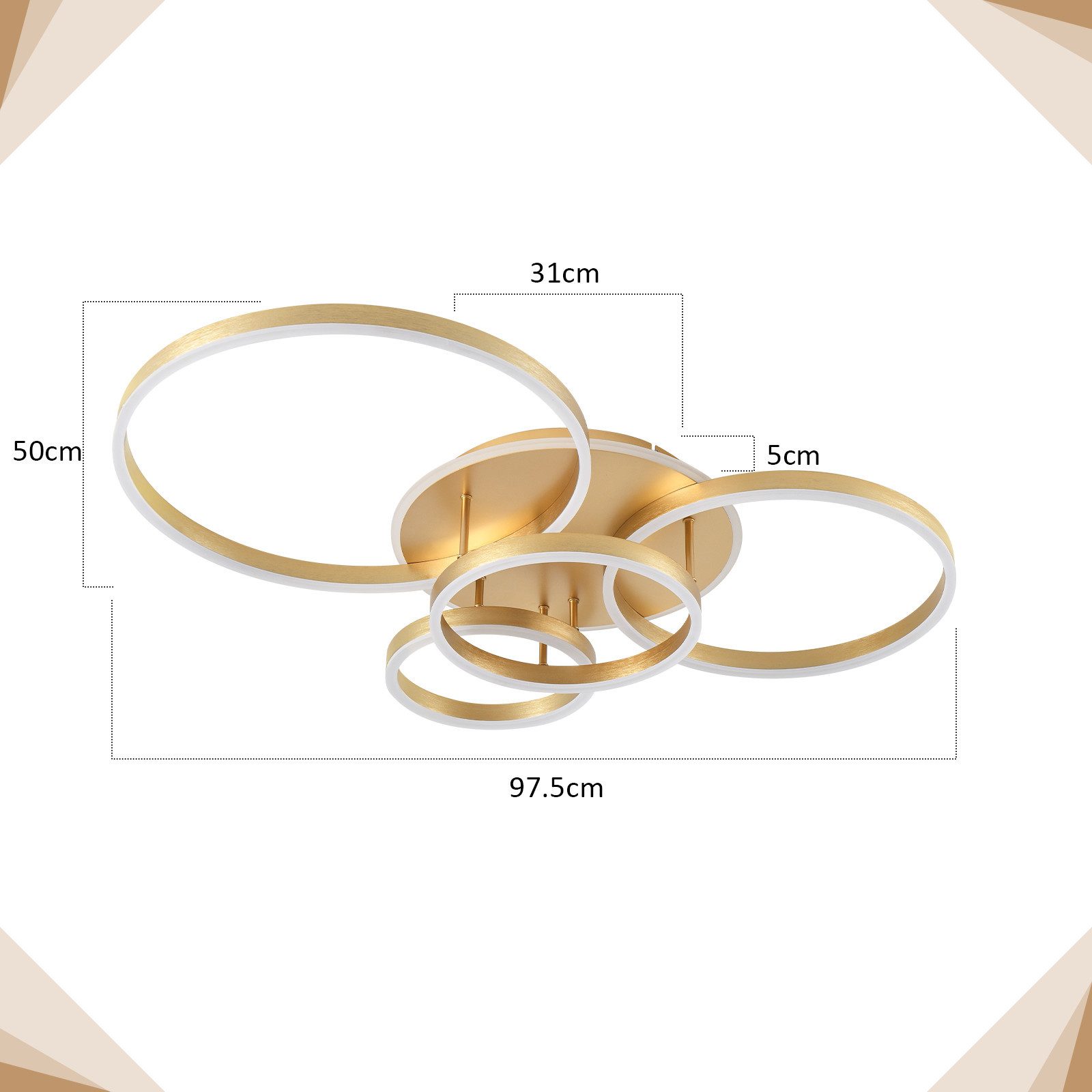 ZMH LED Deckenleuchte Wohnzimmer Modern Gold 2/3/4 Ring Design Deckenlampe Dimmbar, Augenschutz, Einfache Installtion, LED fest integriert, 3000-6500K, 92CM aus Acryl 90W Schlafzimmerlampe mit Fernbedienung Küche