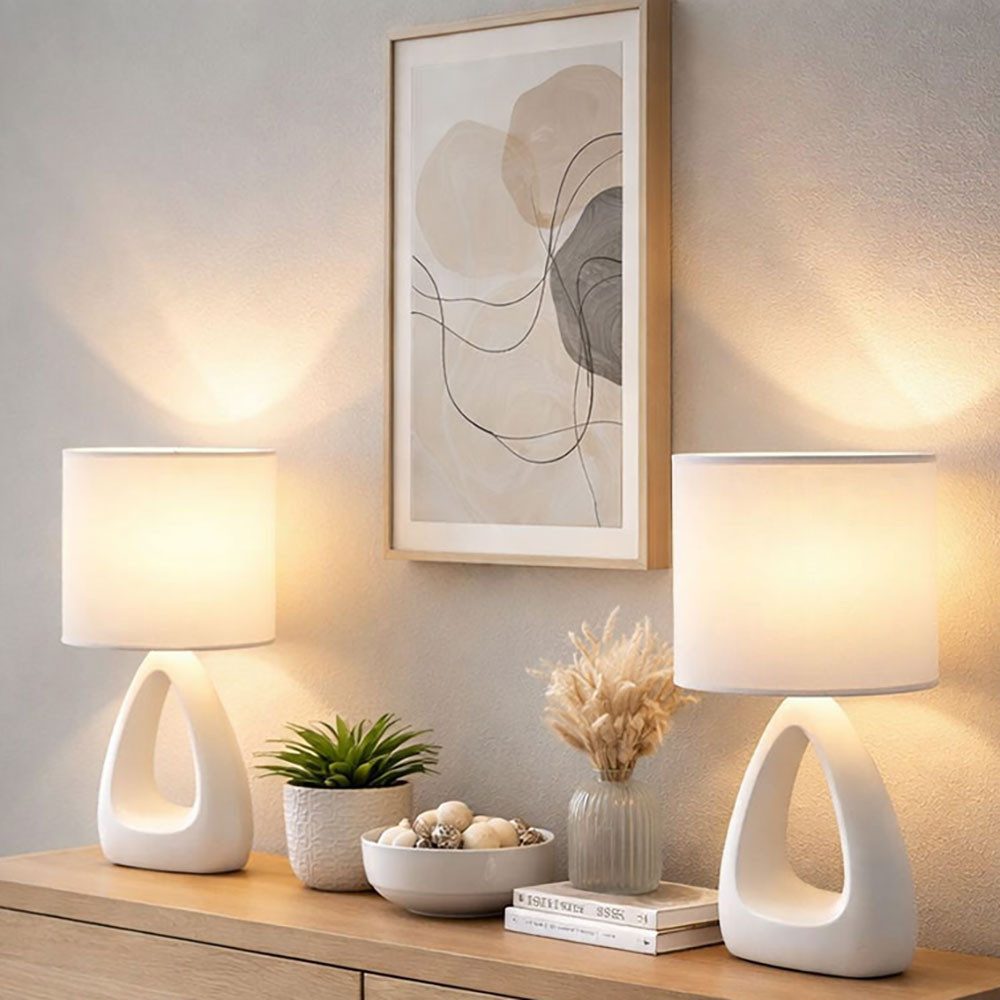 GLOBO LIGHTING Tischleuchte, Leuchtmittel nicht inklusive, Tischleuchte Keramik Textil weiß Nachttischleuchte Wohnzimmer 2er Set
