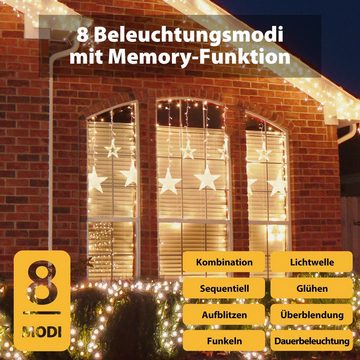 Salcar LED-Lichterkette 2m Sterne LED Lichterkette Außen Lichtervorhang Innen Weihnachten IP44, 8 Beleuchtungsmodi und Memory-Funktion mit Fernbedienung Warmweiß