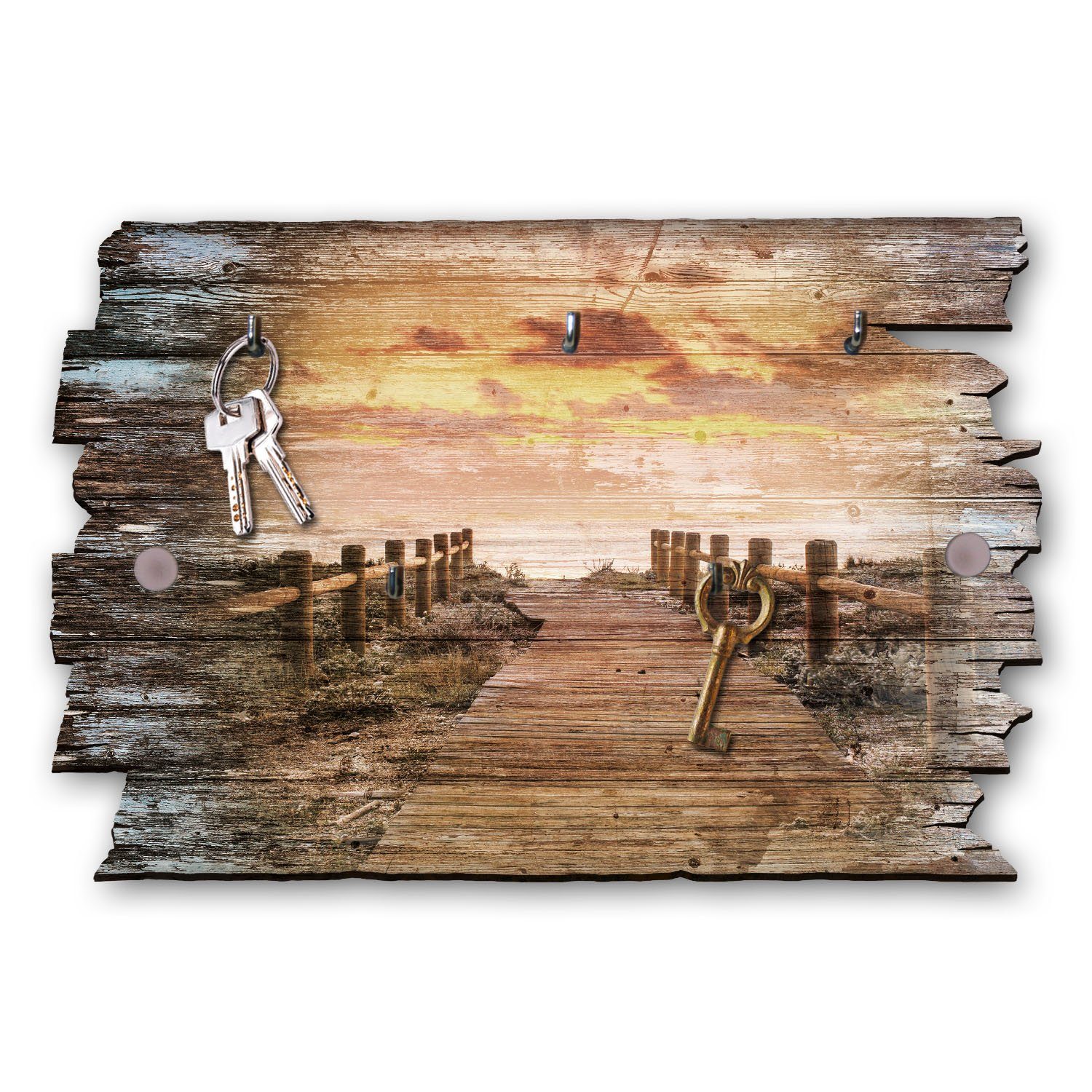 Kreative Feder Schlüsselbrett, Shabby Style, aus Holz, mit 5 Haken, 30x20cm, Natur, Landschaft, Meer