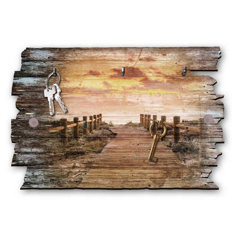Kreative Feder Schlüsselbrett, Shabby Style, aus Holz, mit 5 Haken, 30x20cm, Steg zum Strand, Natur, Landschaft, Meer, Küste, HSB116
