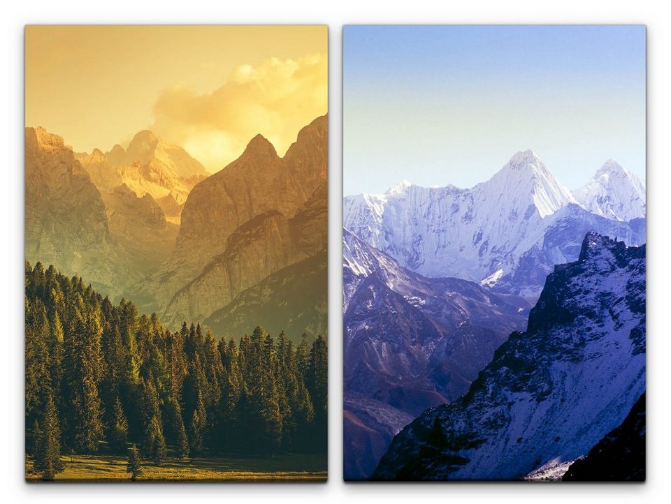 Sinus Art Leinwandbild 2 Bilder je 60x90cm Tannenwald Berge Himalaja  Bergkette Blau Schnee Natur