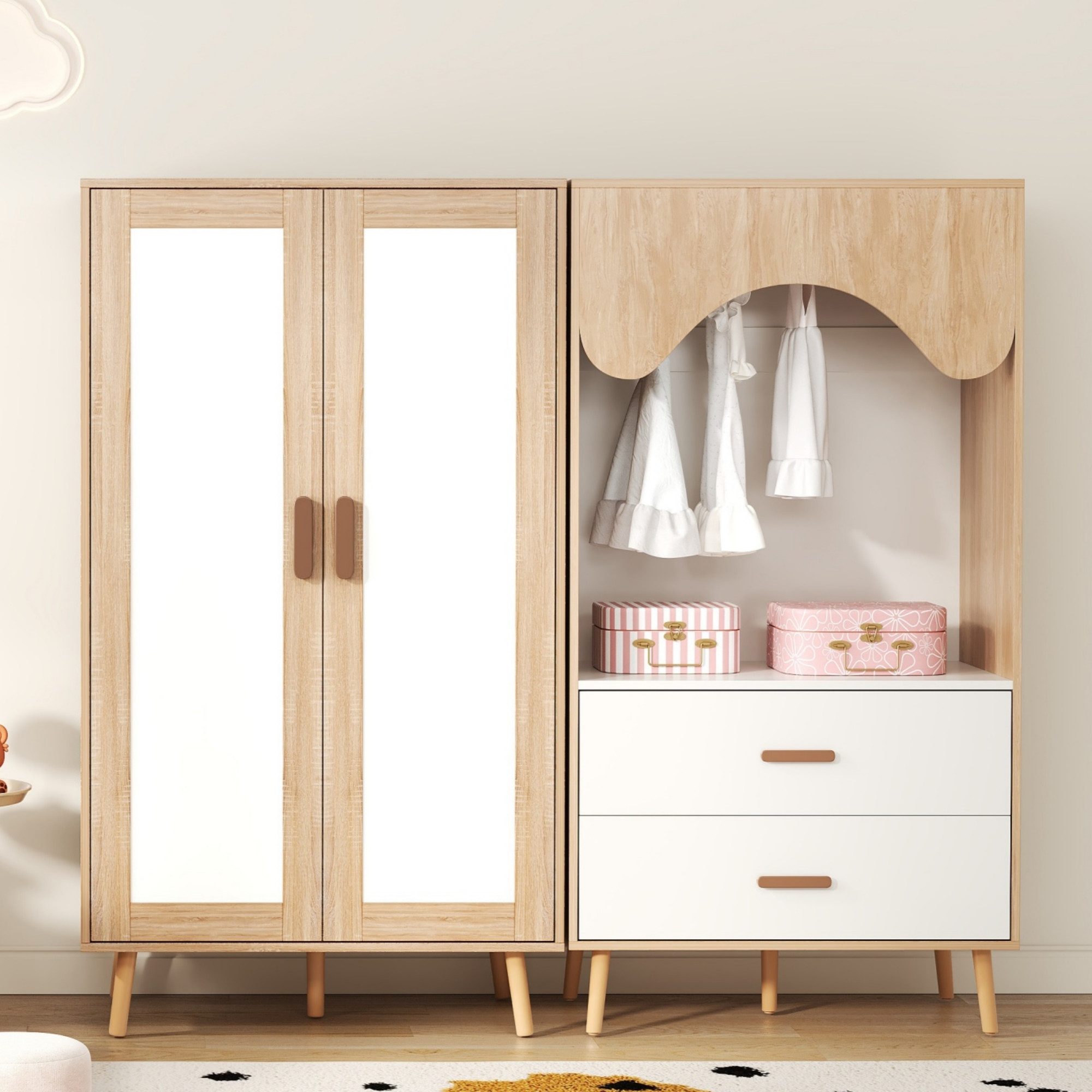 Flieks Kleiderschrank Schrank-Set mit Kleiderstange und Schubladen 160x46x141.5cm